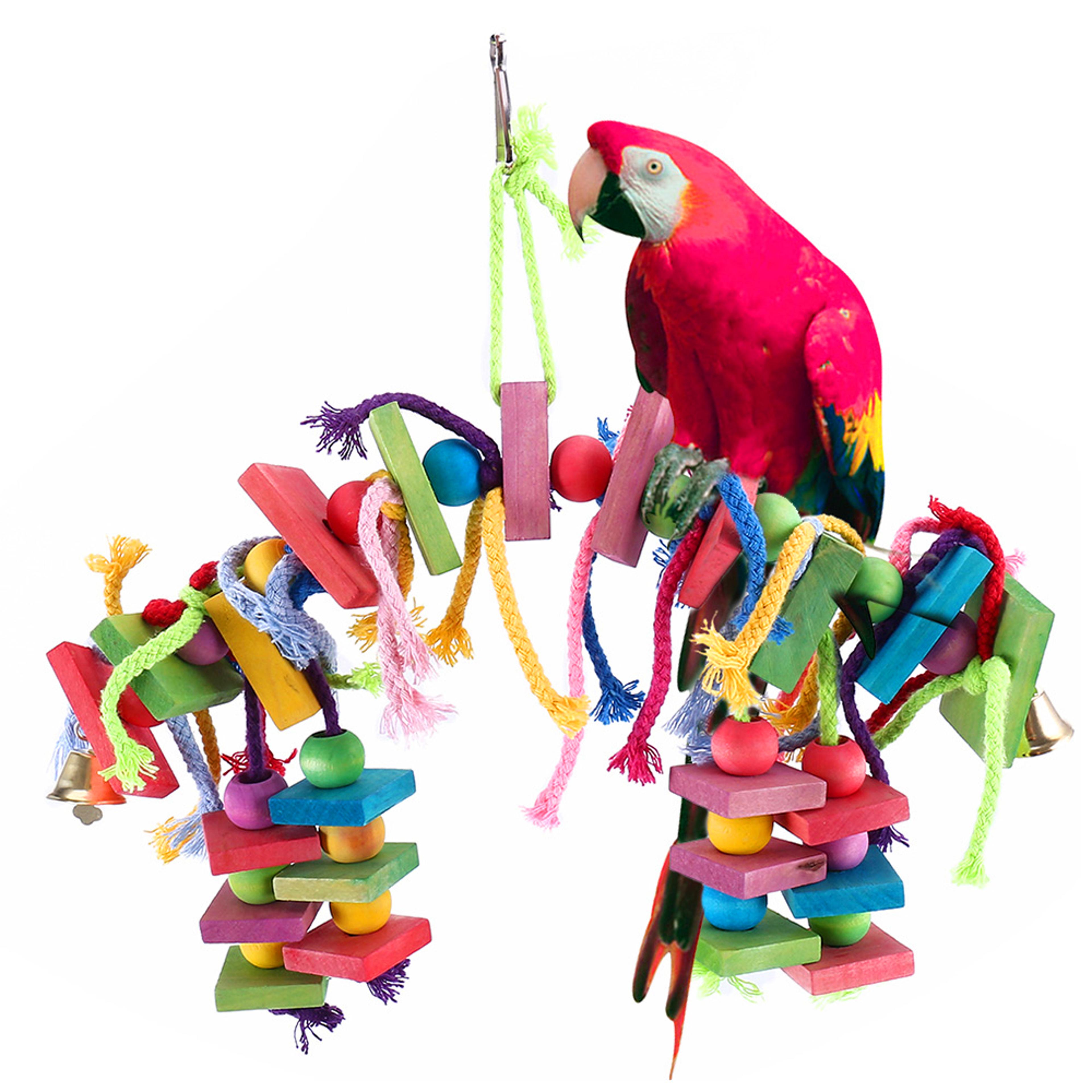 parrot chew toy, multi colored wooden cotton rope birds toy, bite bridge for parrot foraging, cockatiels training