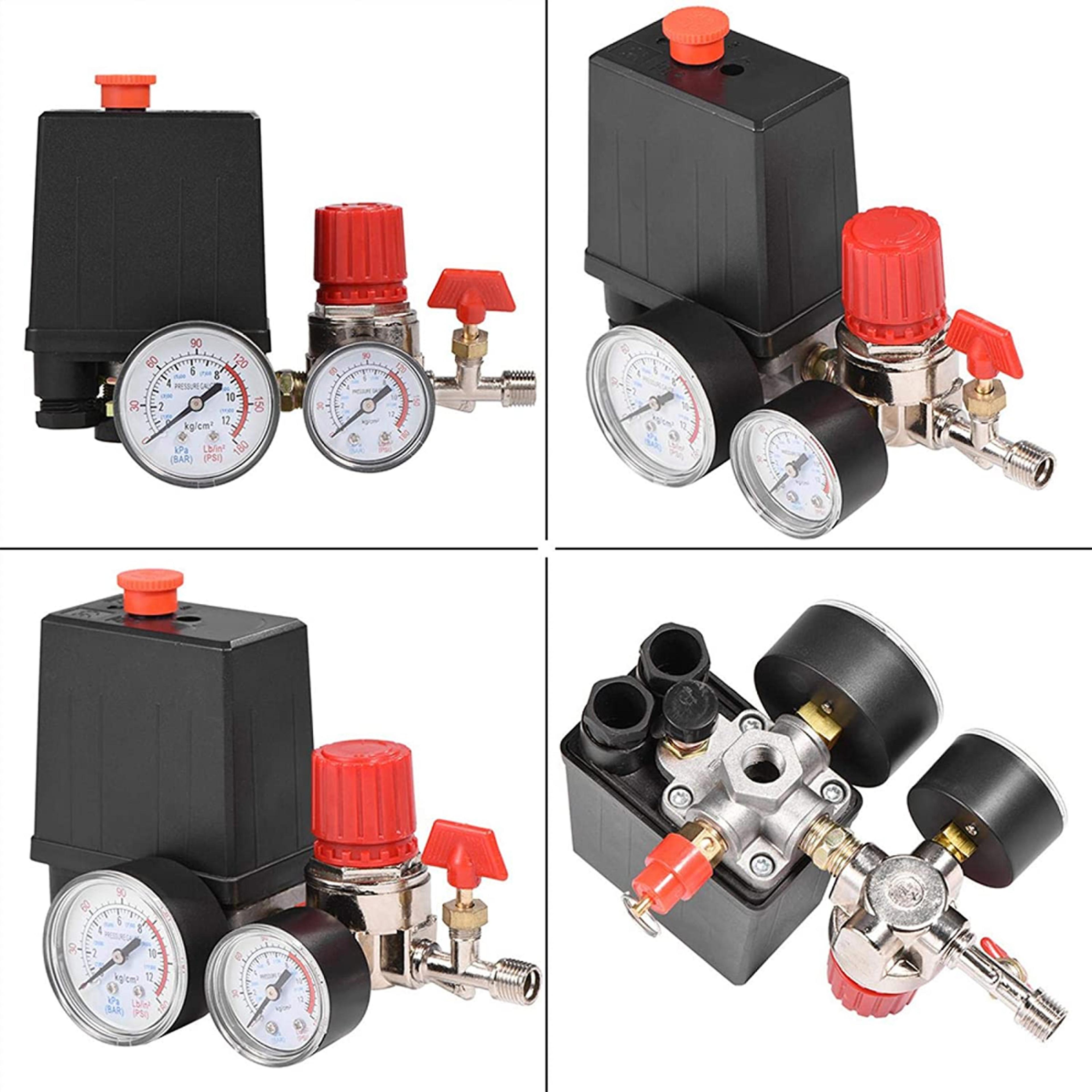 new air compressor, pressure switch, port manifold regulator gauges, aluminium control valve with gauge