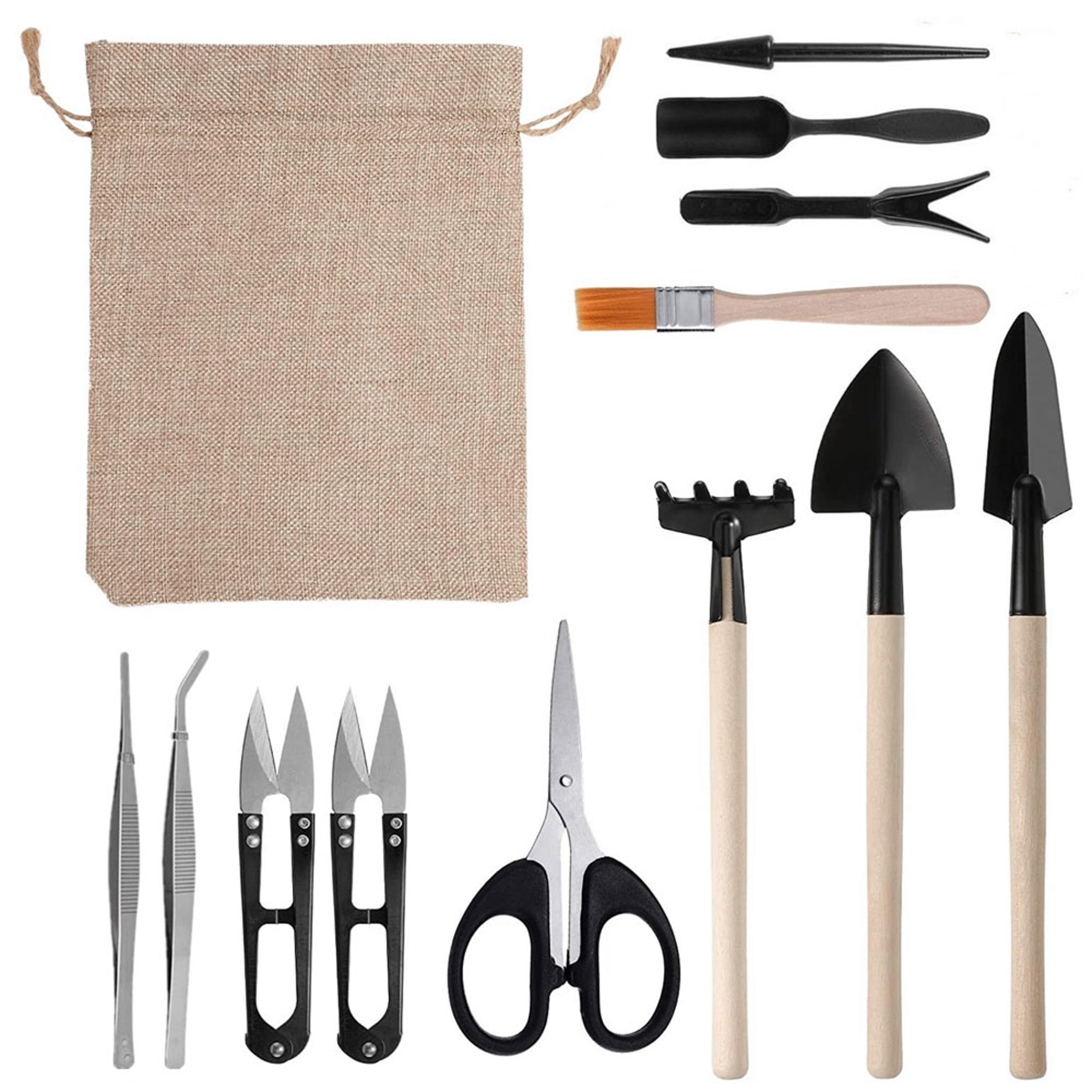 mini garden shovel rake set, wooden handle bonsai tools for flowers, potted plants, weeding & gardening scissors