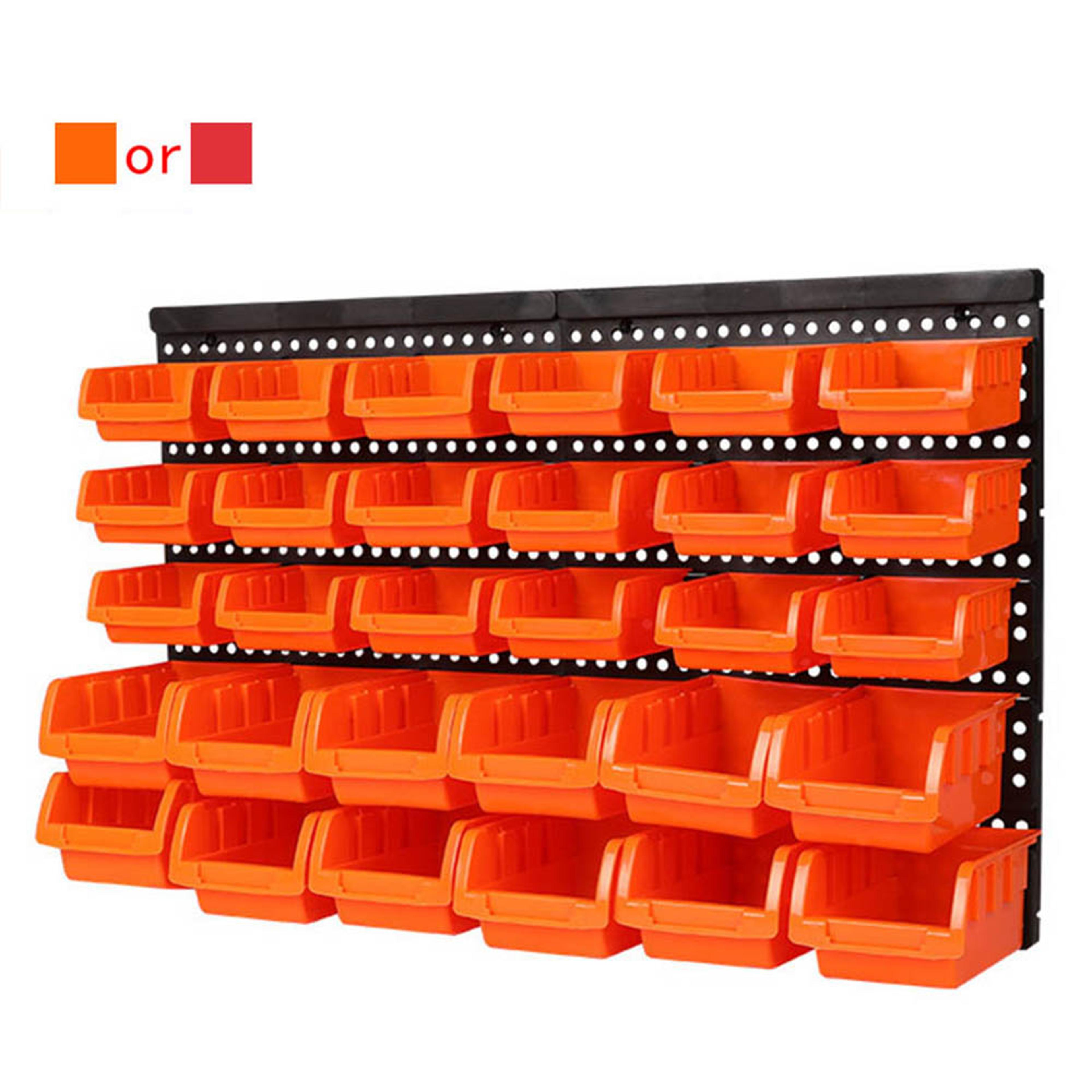 garage wall organisation bins, hanging wall mount board, tool storage plastic, workshop box storage rack