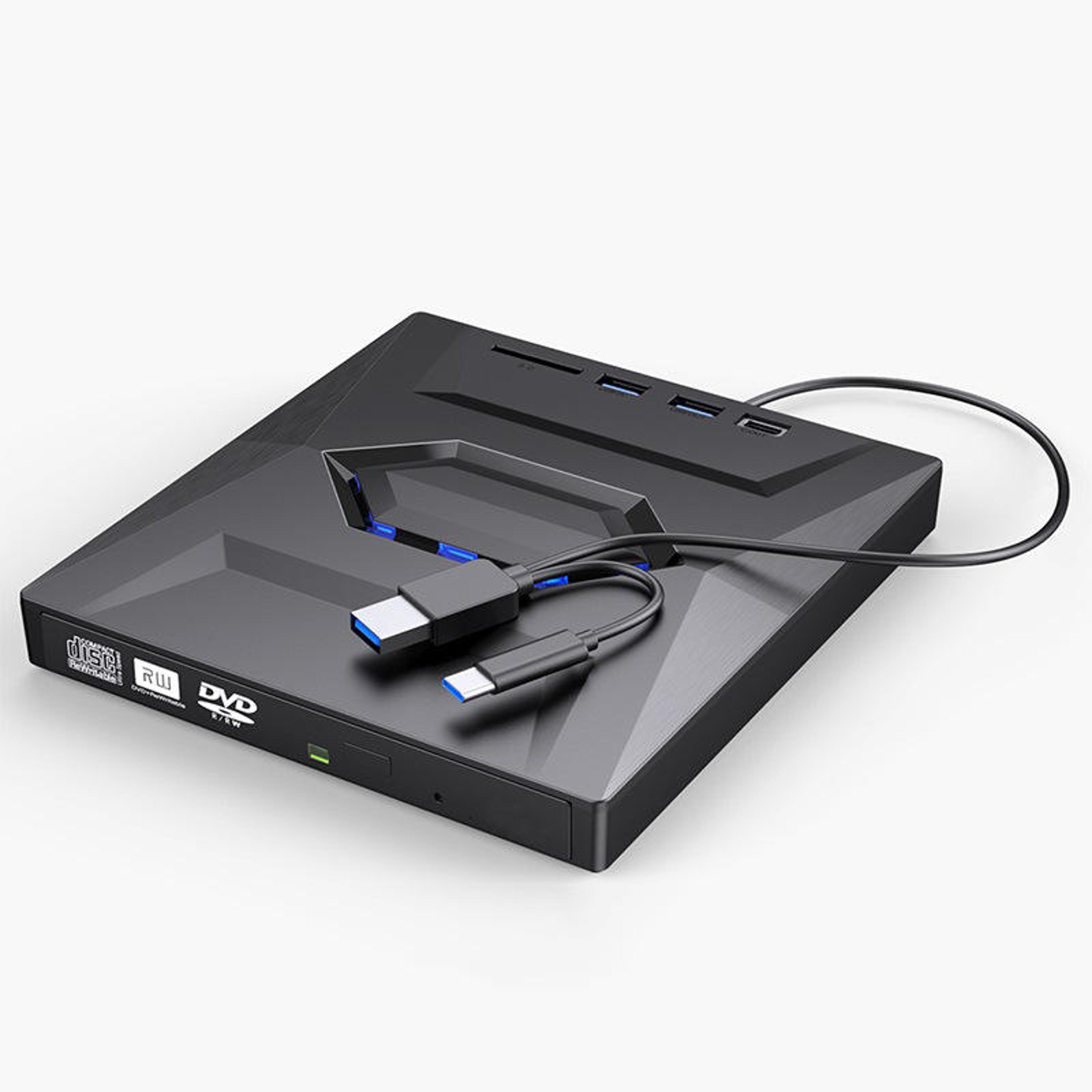 portable external cd dvd drive - 3-in-1 burner & player for pc, mac | sd/usb hub