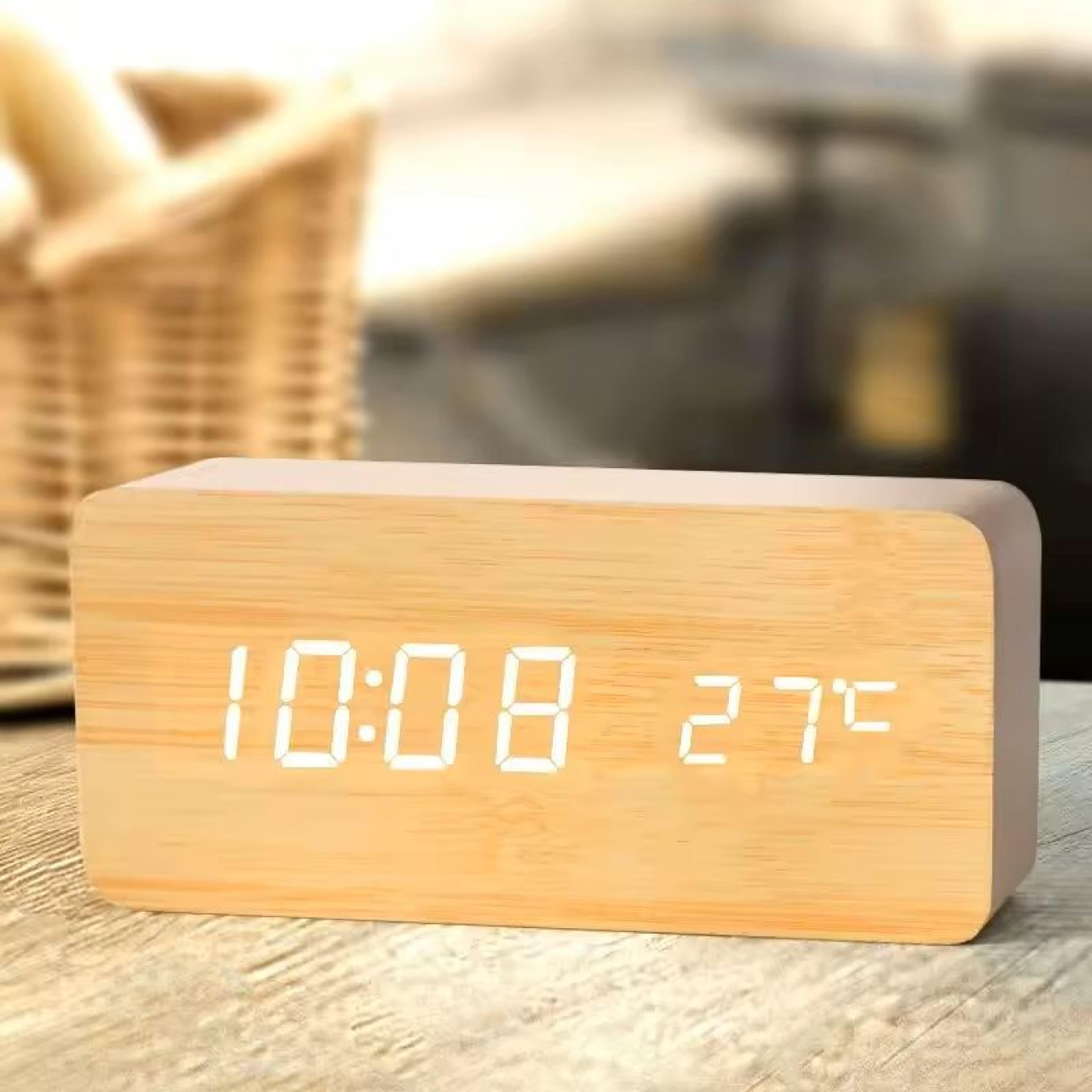 wooden digital led alarm clock – minimalist desk and bedside clock with temperature and sound control display