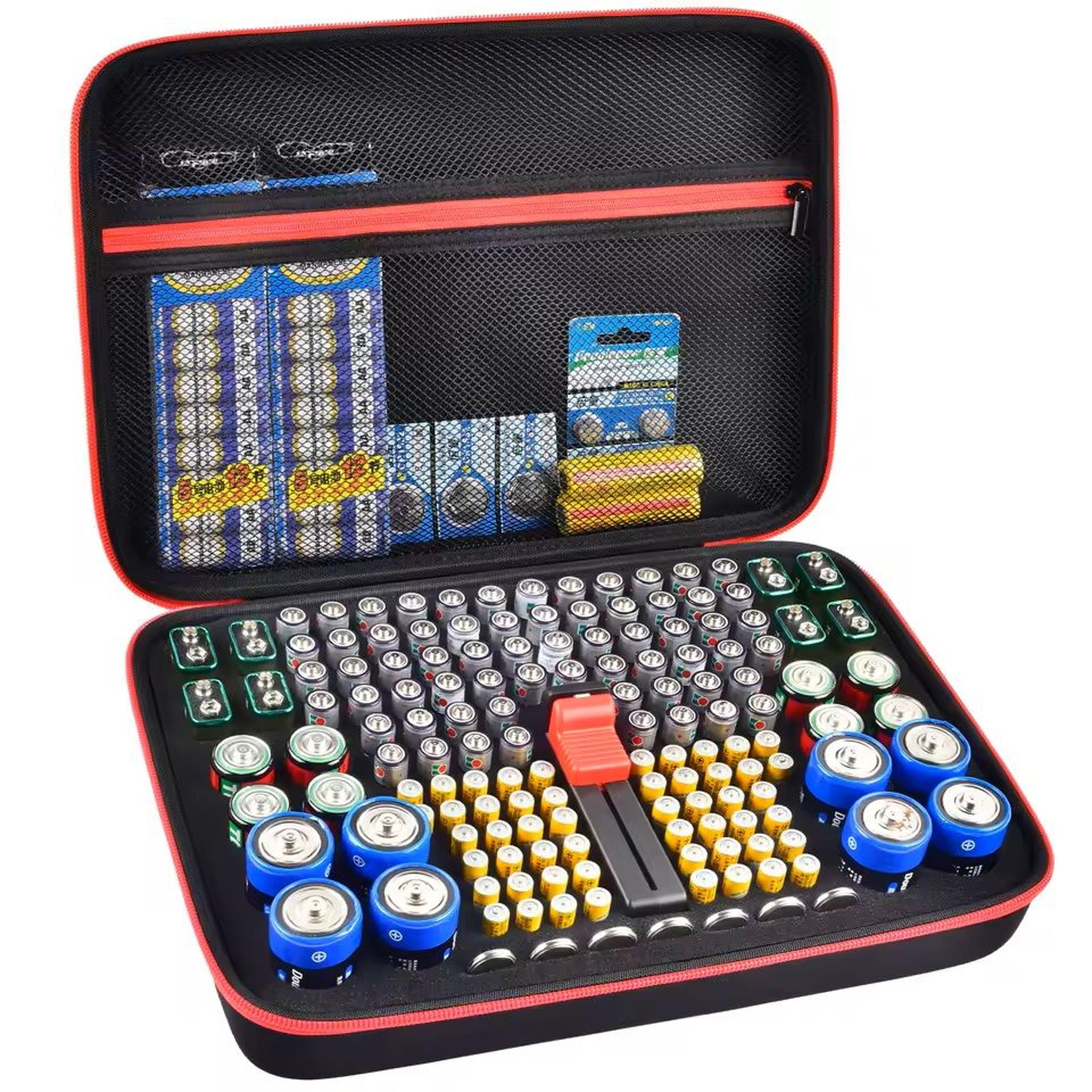 battery storage organizer case with tester – compact battery holder for aa, aaa, c, d, 9v & button cells