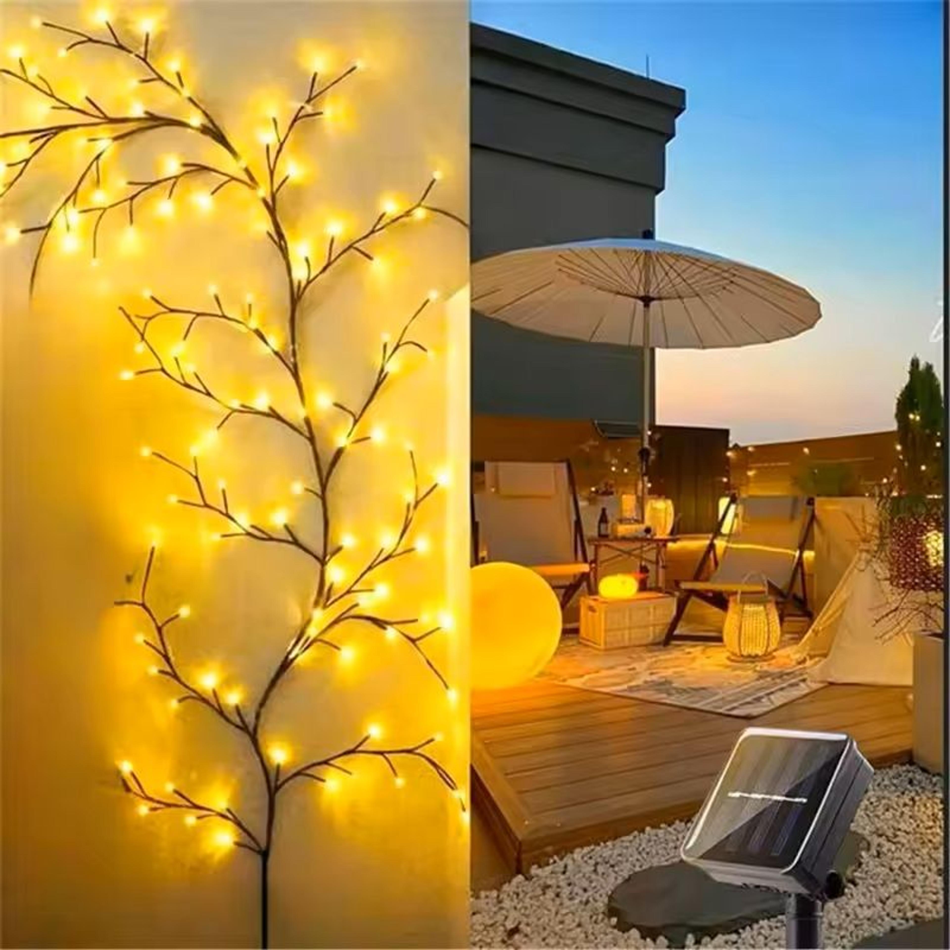96 led solar willow vine string lights outdoor with 8 modes for balcony and garden decor