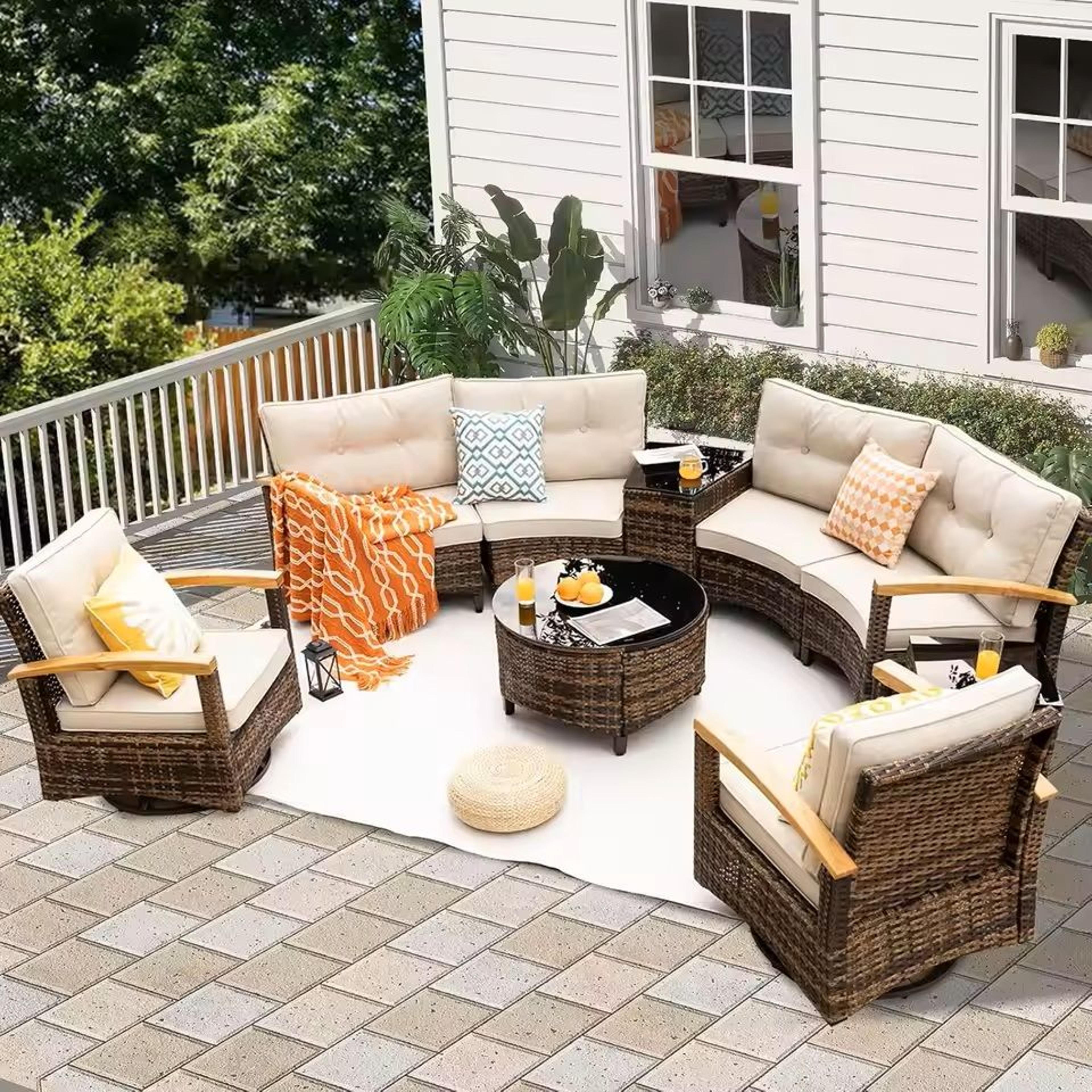 outdoor patio furniture set with half moon sofa and coffee table options