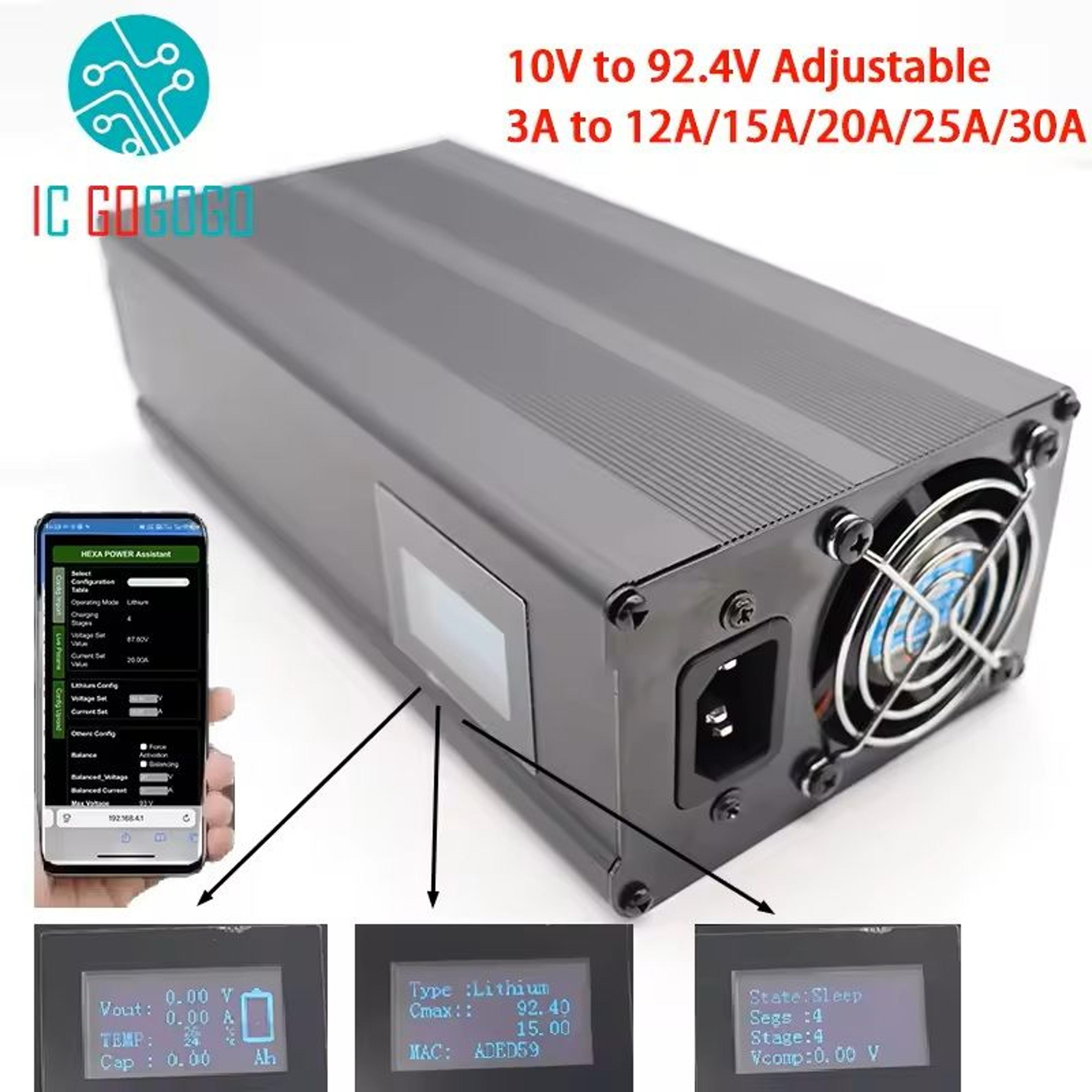 adjustable smart battery charger 10v–92.4v for li-ion, lifepo4 and lead acid packs