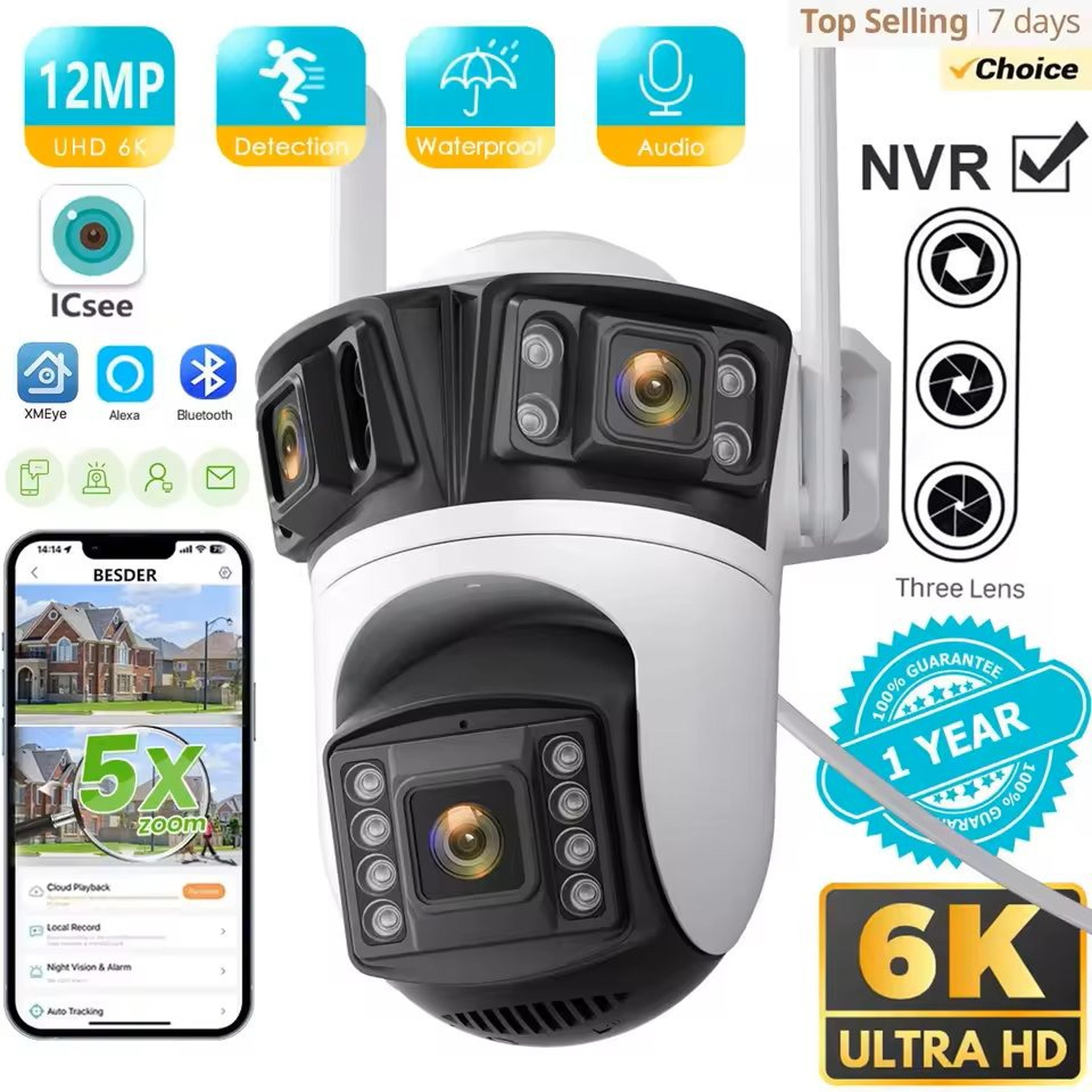 outdoor three lens ip security camera with ai detection and 6k hd resolution
