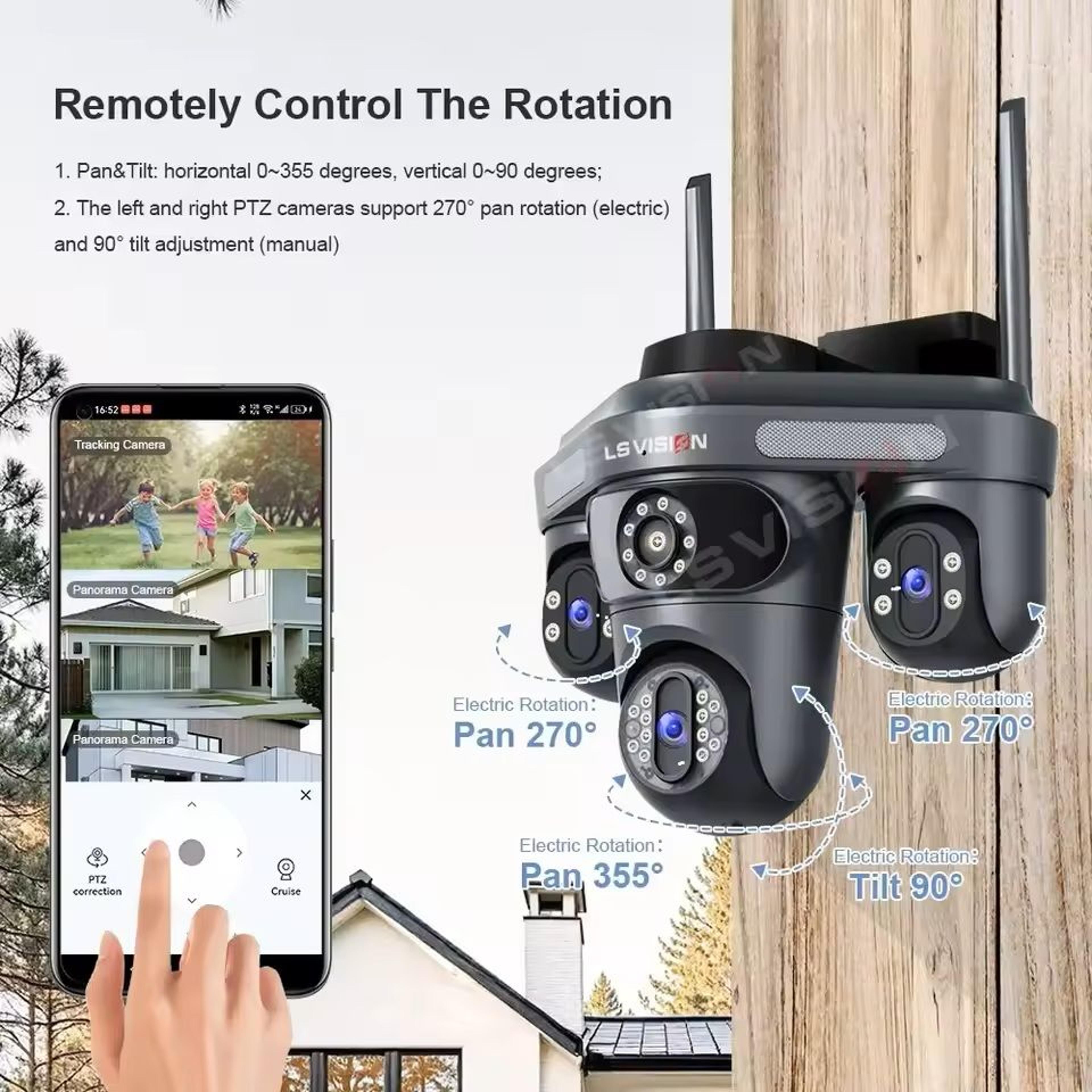 three lens outdoor wifi security camera with auto tracking and 2 way audio