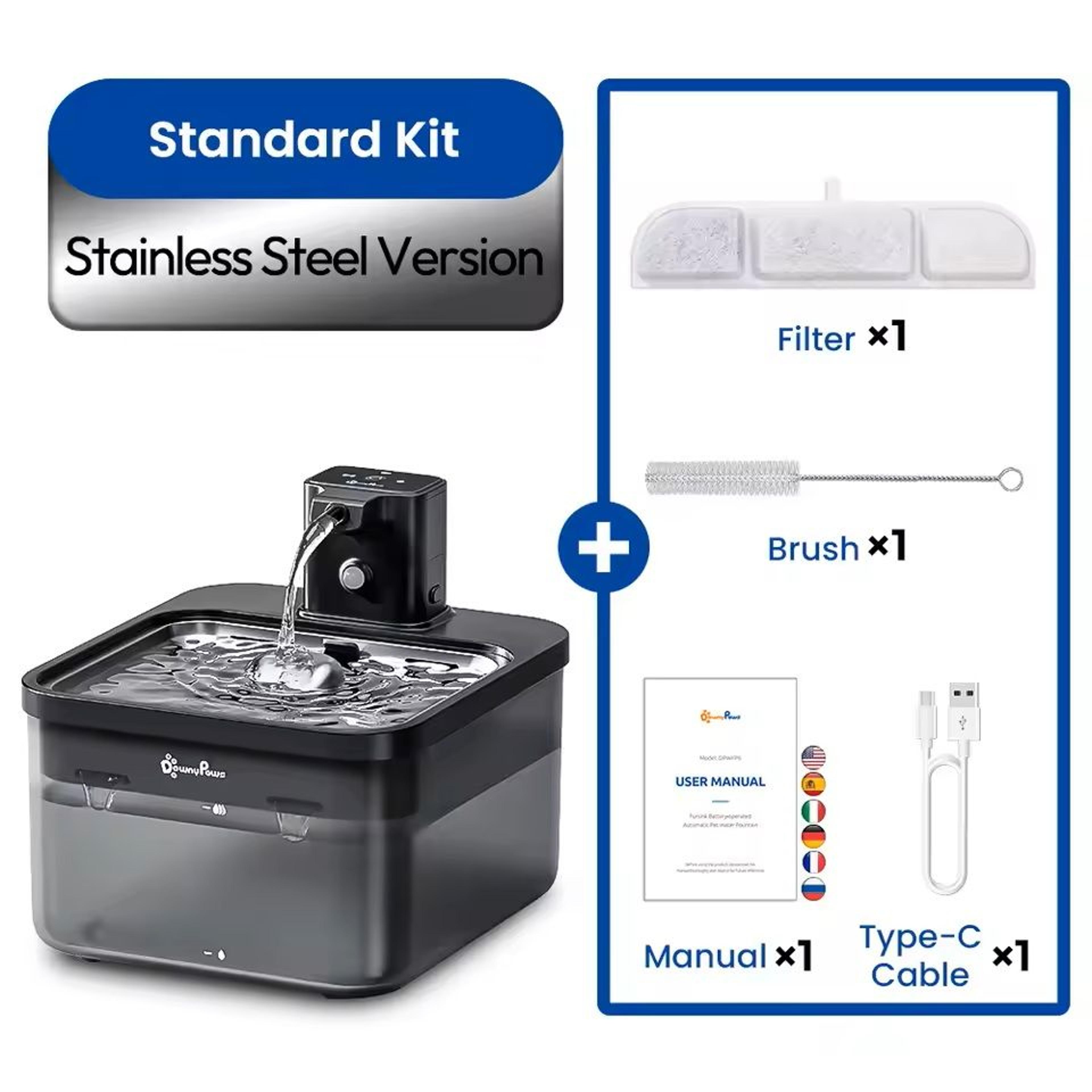 automatic stainless steel pet water fountain with wireless sensor and battery