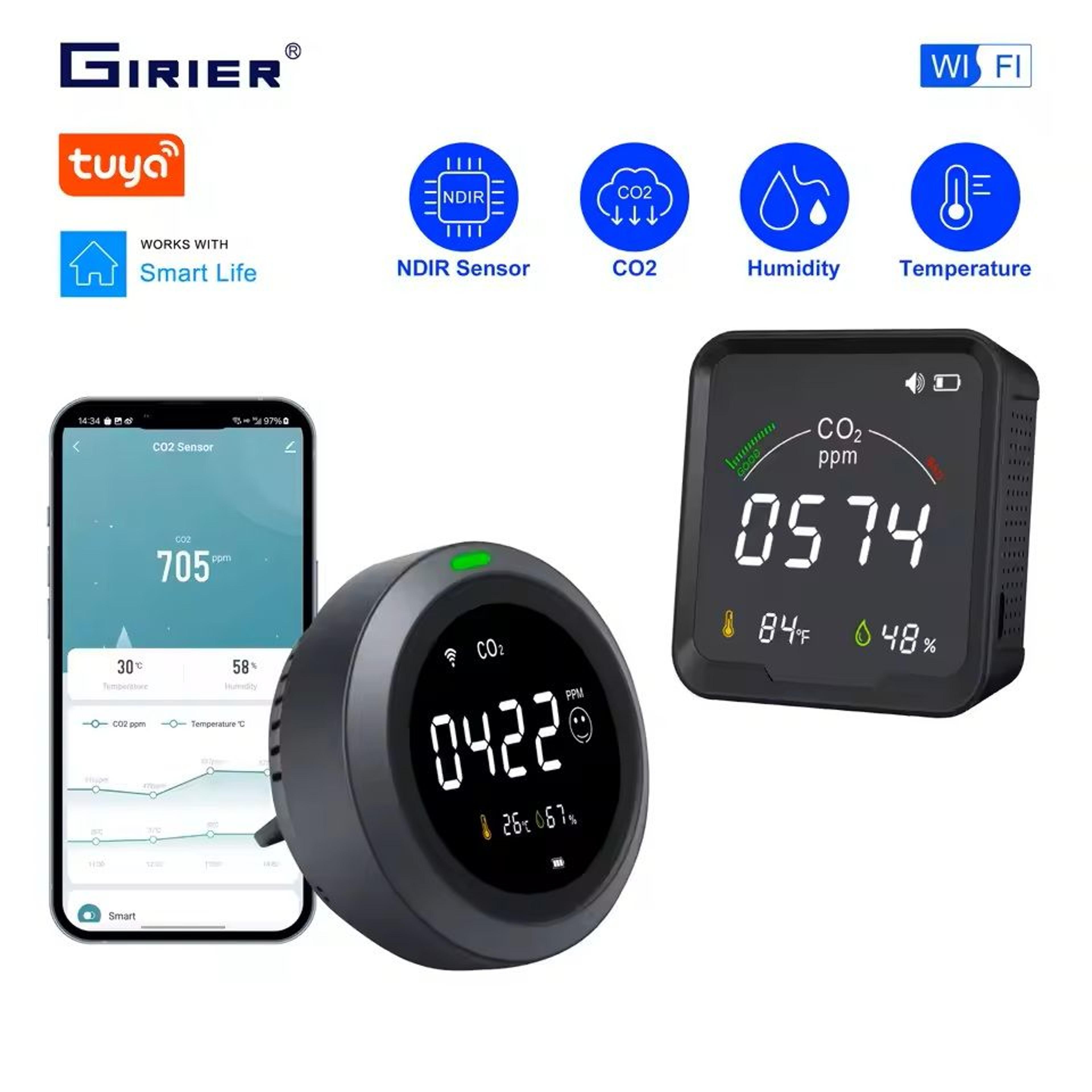 smart wifi co2 detector with digital display for home air quality monitoring