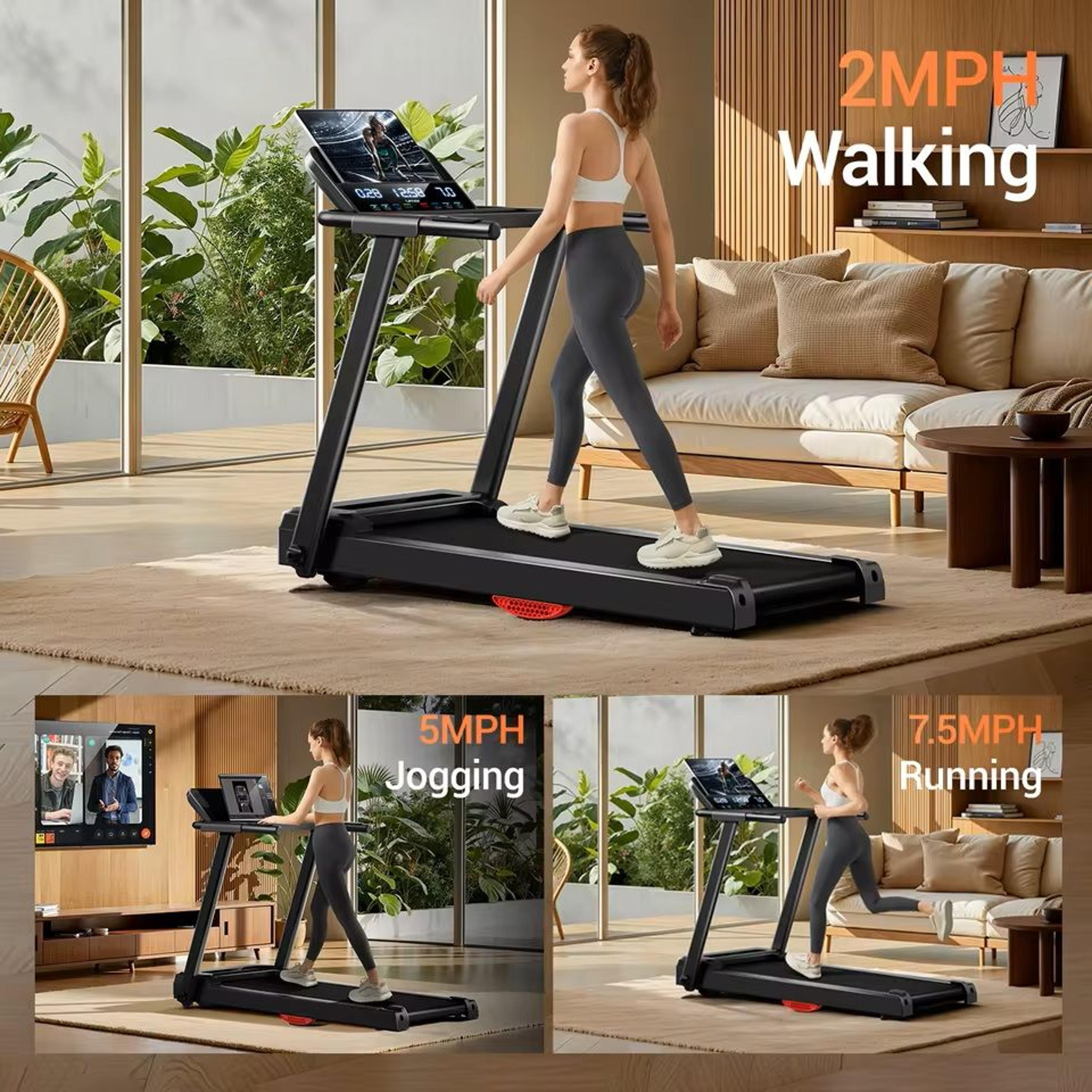 3.0hp foldable home treadmill with hr monitor and dual shock absorption