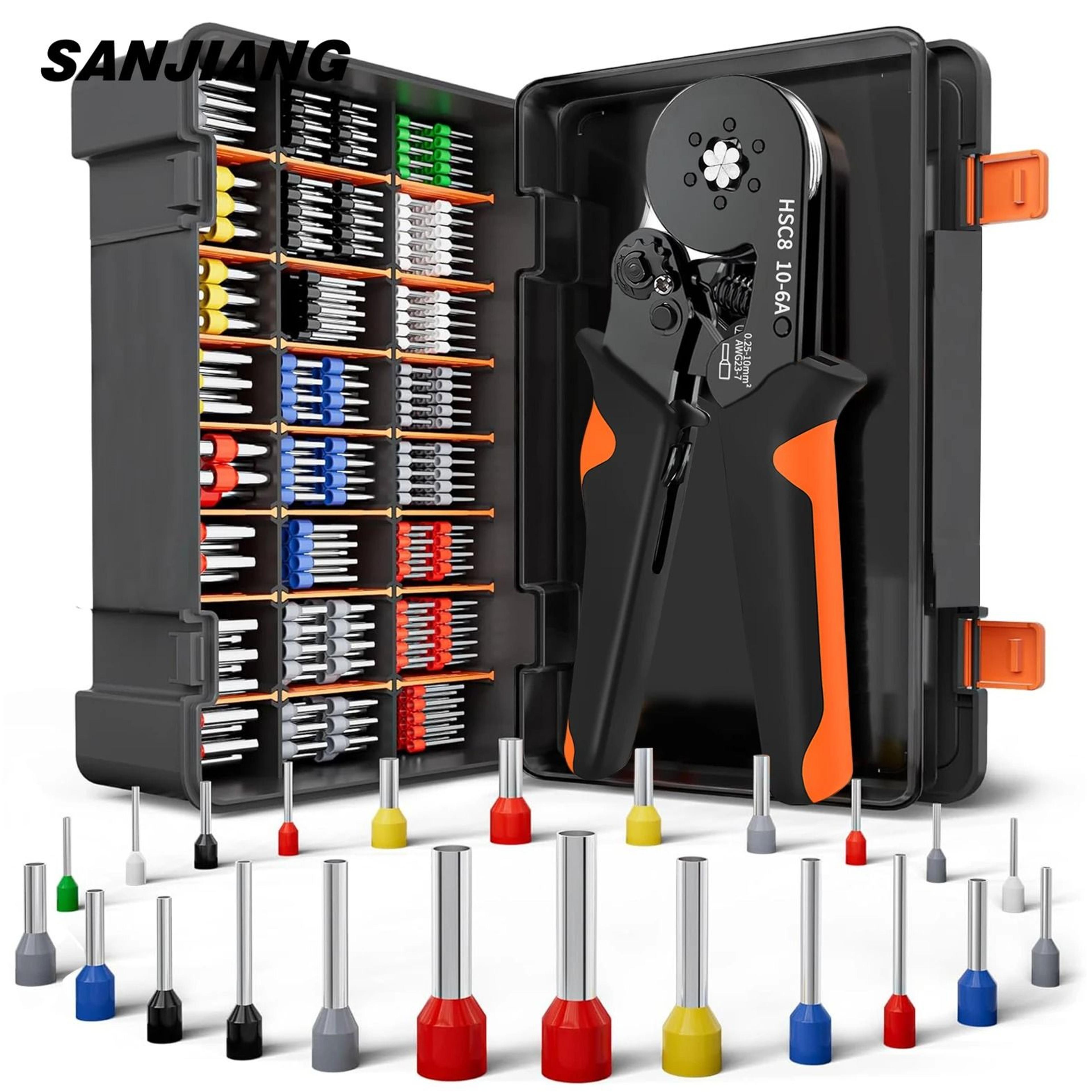 hexagonal ratchet ferrule crimping tool kit with wire terminals and ferrule sleeves