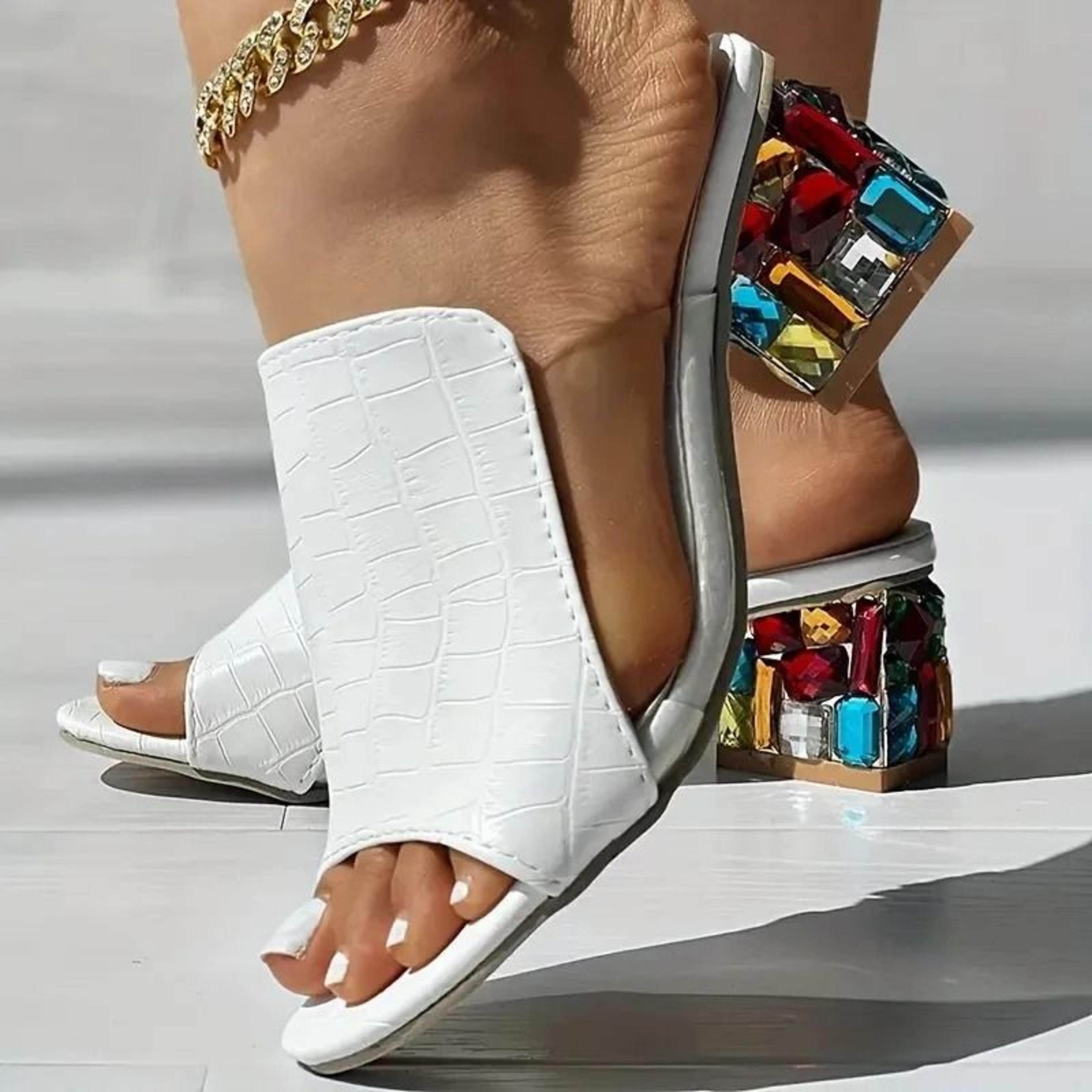 women crystal square heel open toe sandals for summer
