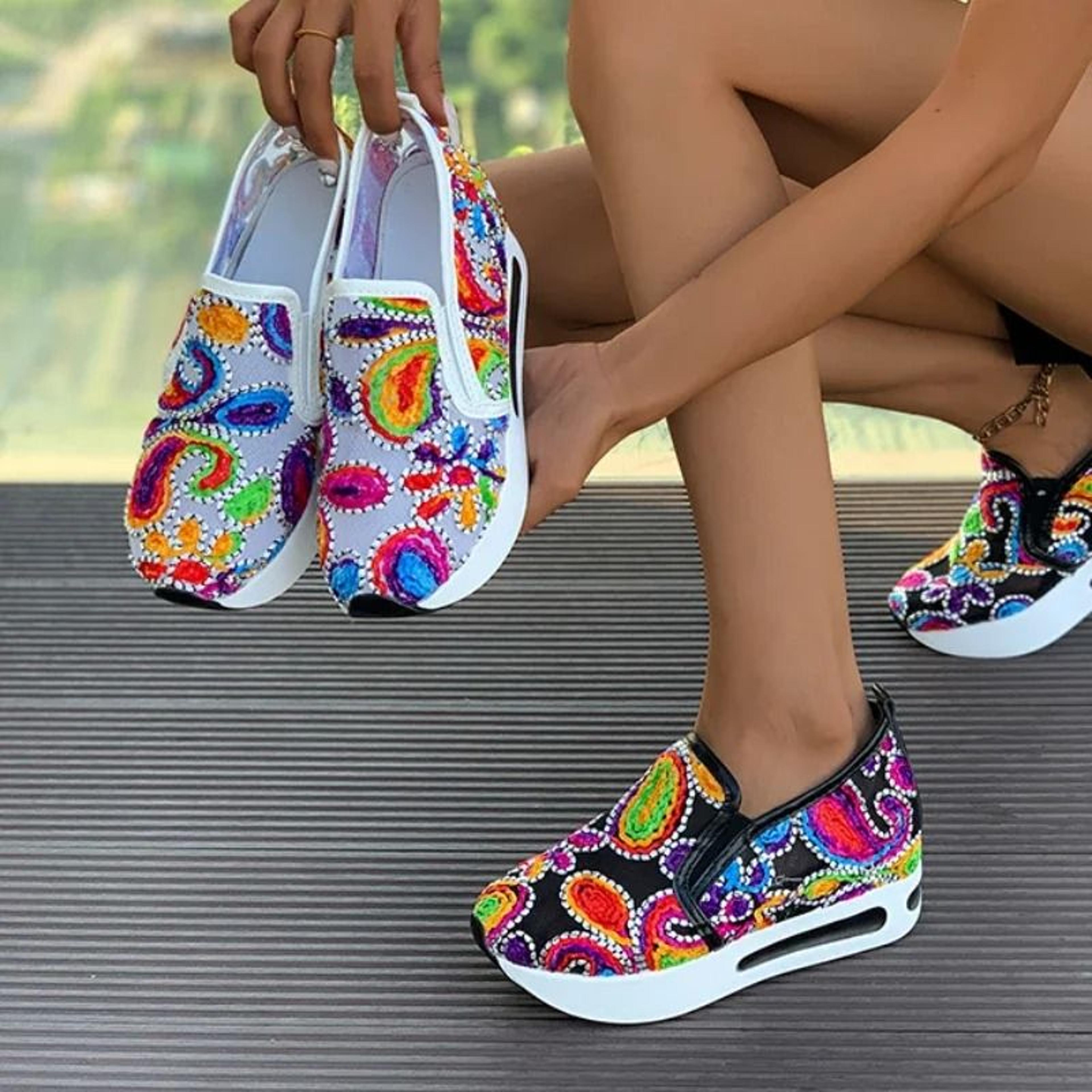 womens slip-on platform sneakers with embroidered design breathable mesh & thick sole comfort loafers