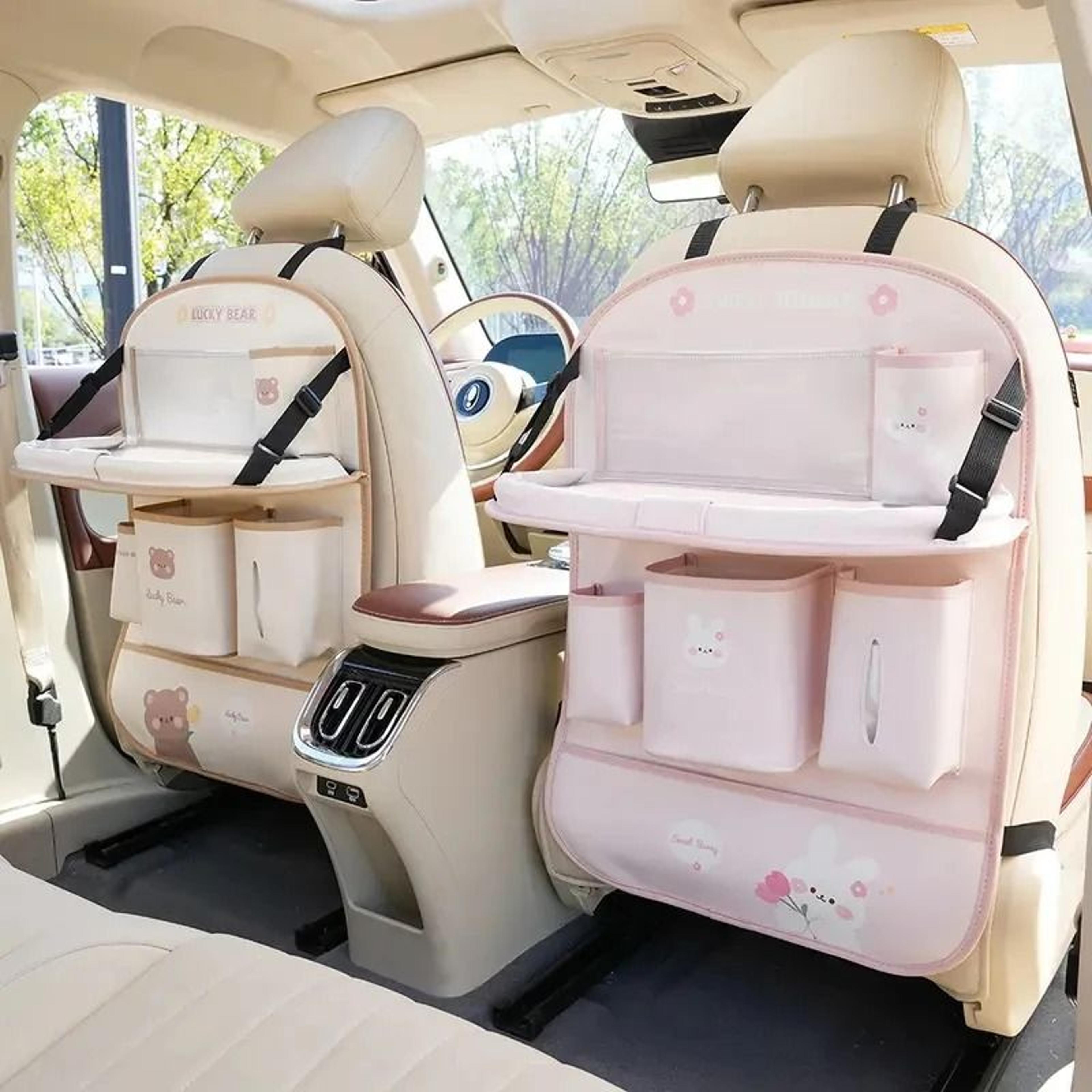 leather car seat back organizer with foldable table and multi-function storage