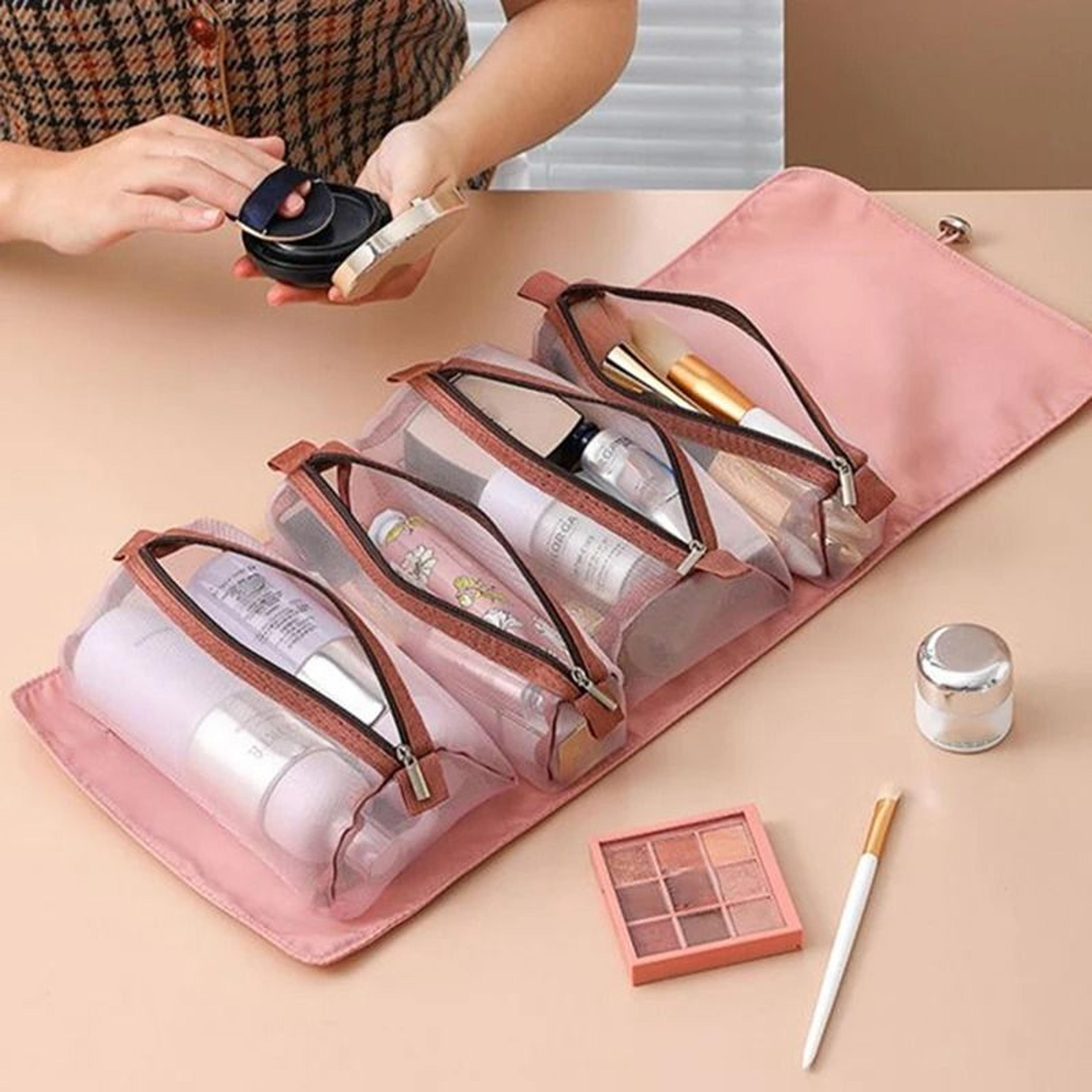 4-in-1 detachable mesh travel makeup organizer bag – roll-up cosmetic pouch