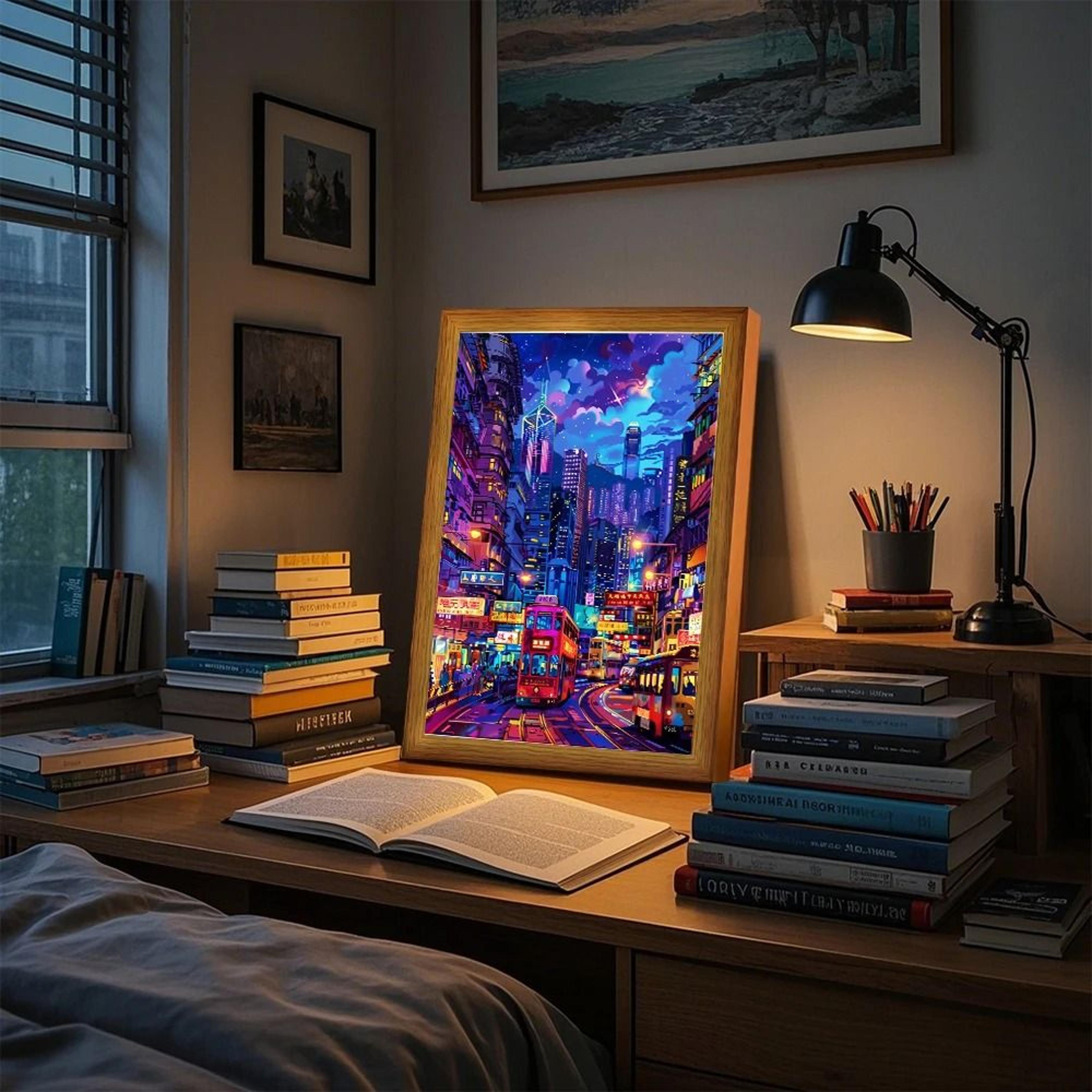 asian cityscape painting led bedside light
