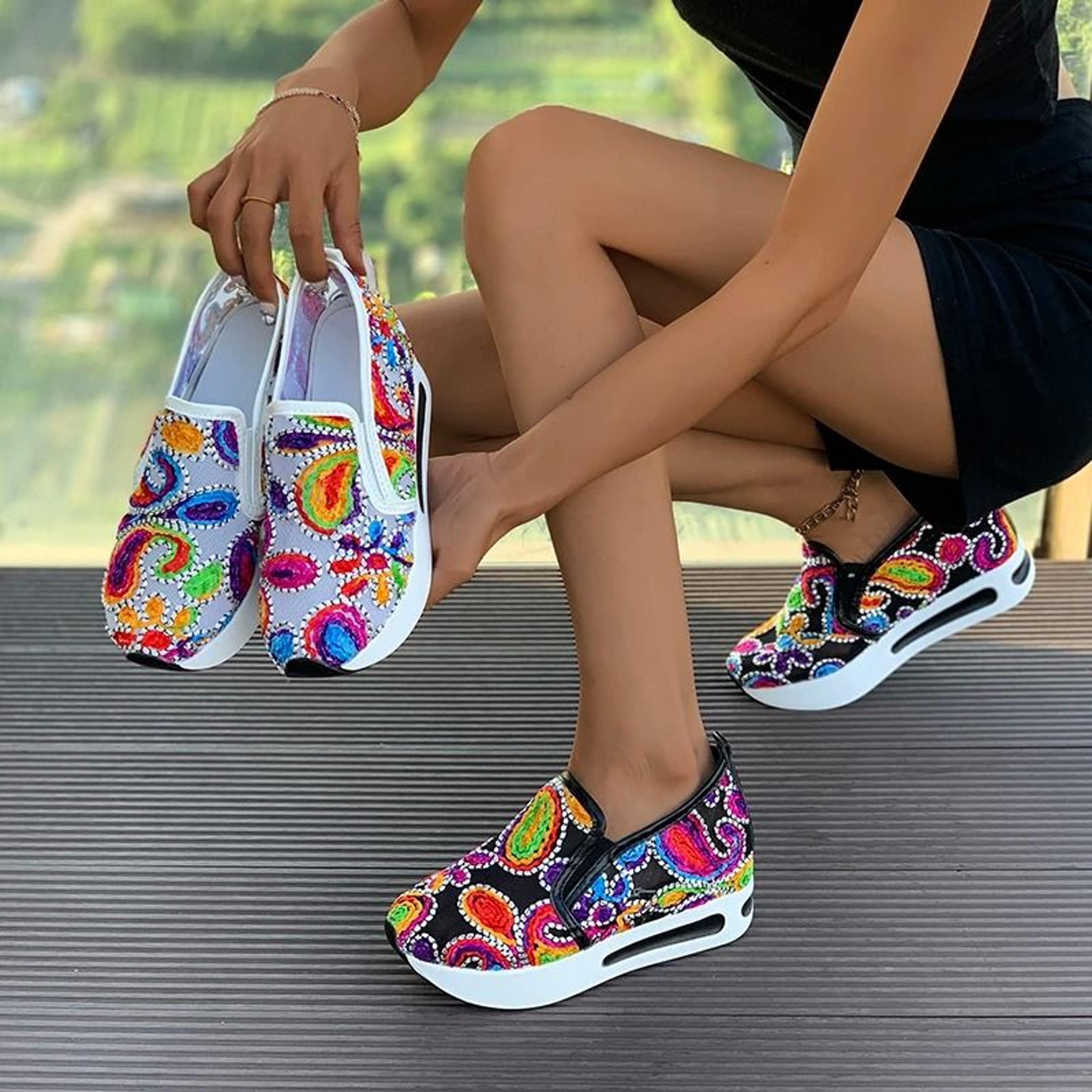 womens wedge sneakers with floral embroidery mesh design height increasing platform shoes for spring and autumn