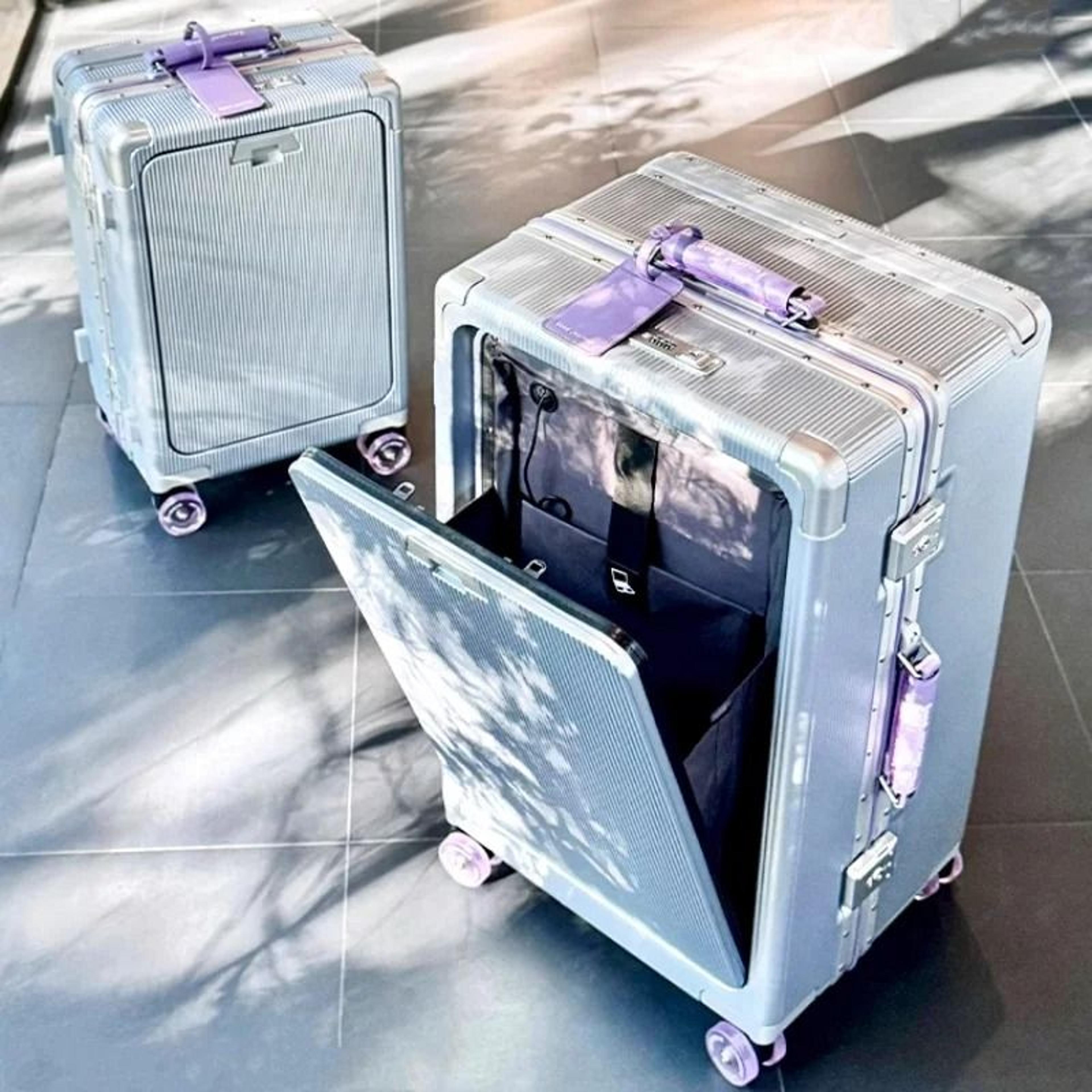 front opening pocket rolling luggage with aluminum frame wide handle silent wheels usb charging and tsa lock