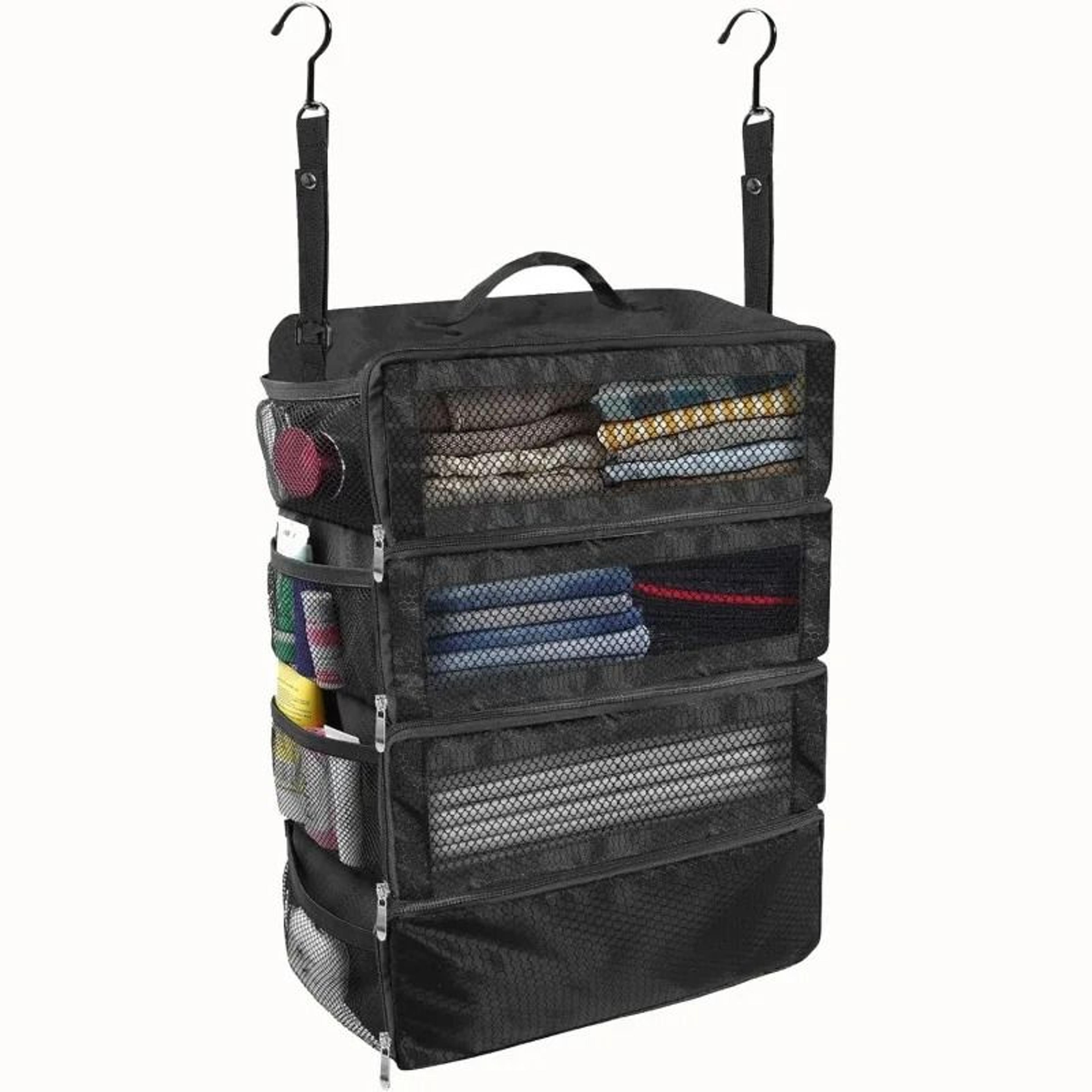 high capacity travel luggage organizer with hanging shelves and collapsible storage
