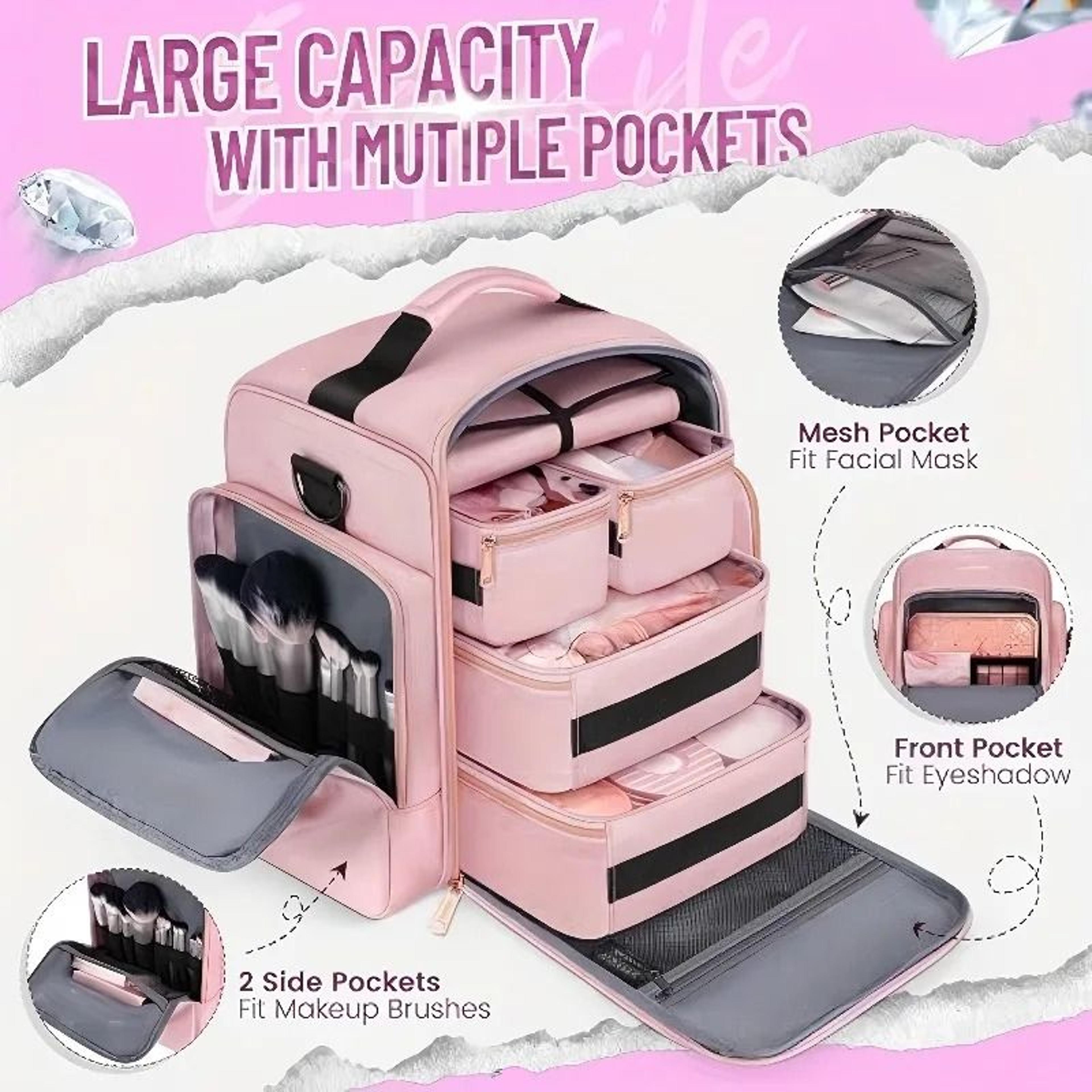 large travel makeup bag organizer with removable cases and jewelry storage roll