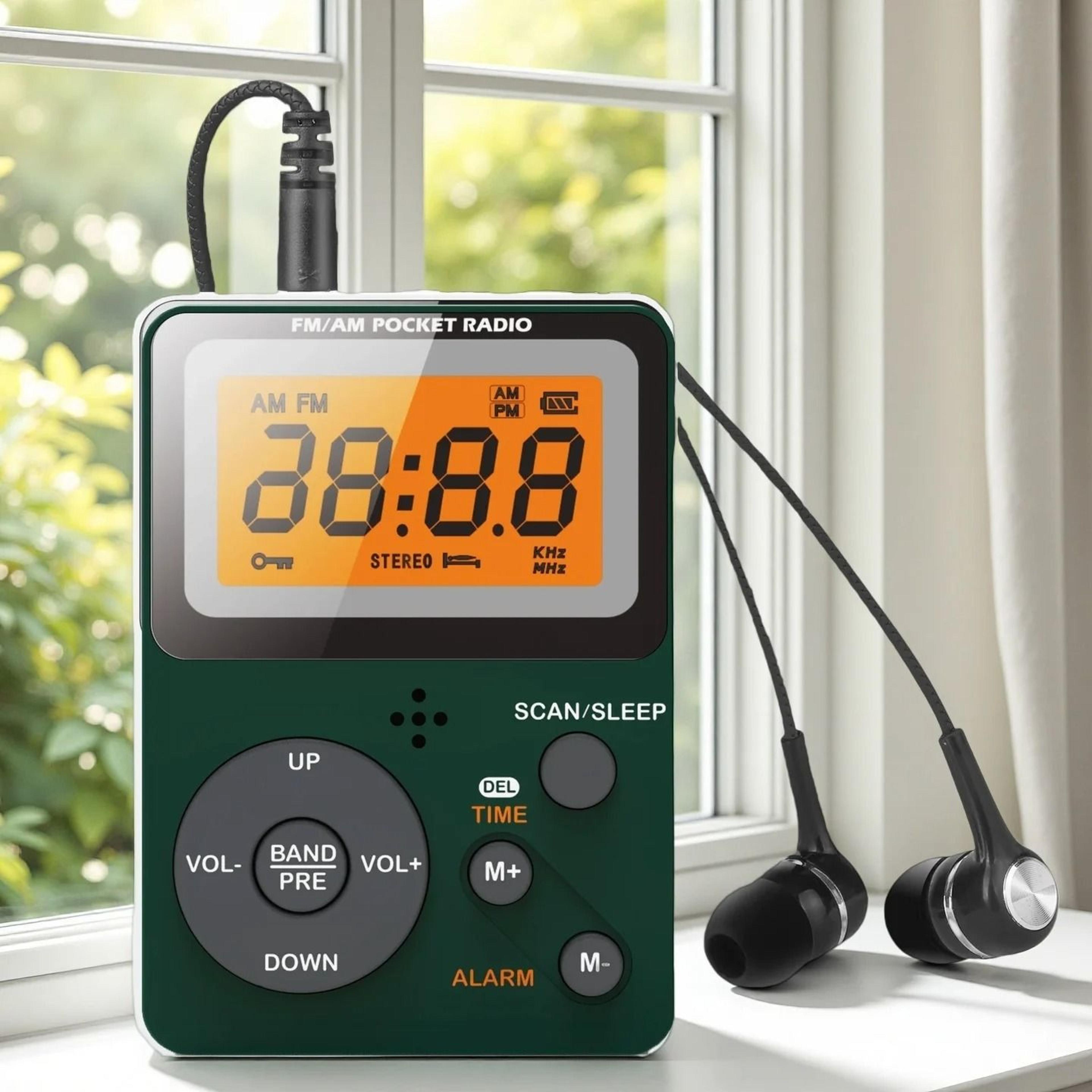 portable am fm radio with lcd display earphone jack sleep timer and alarm