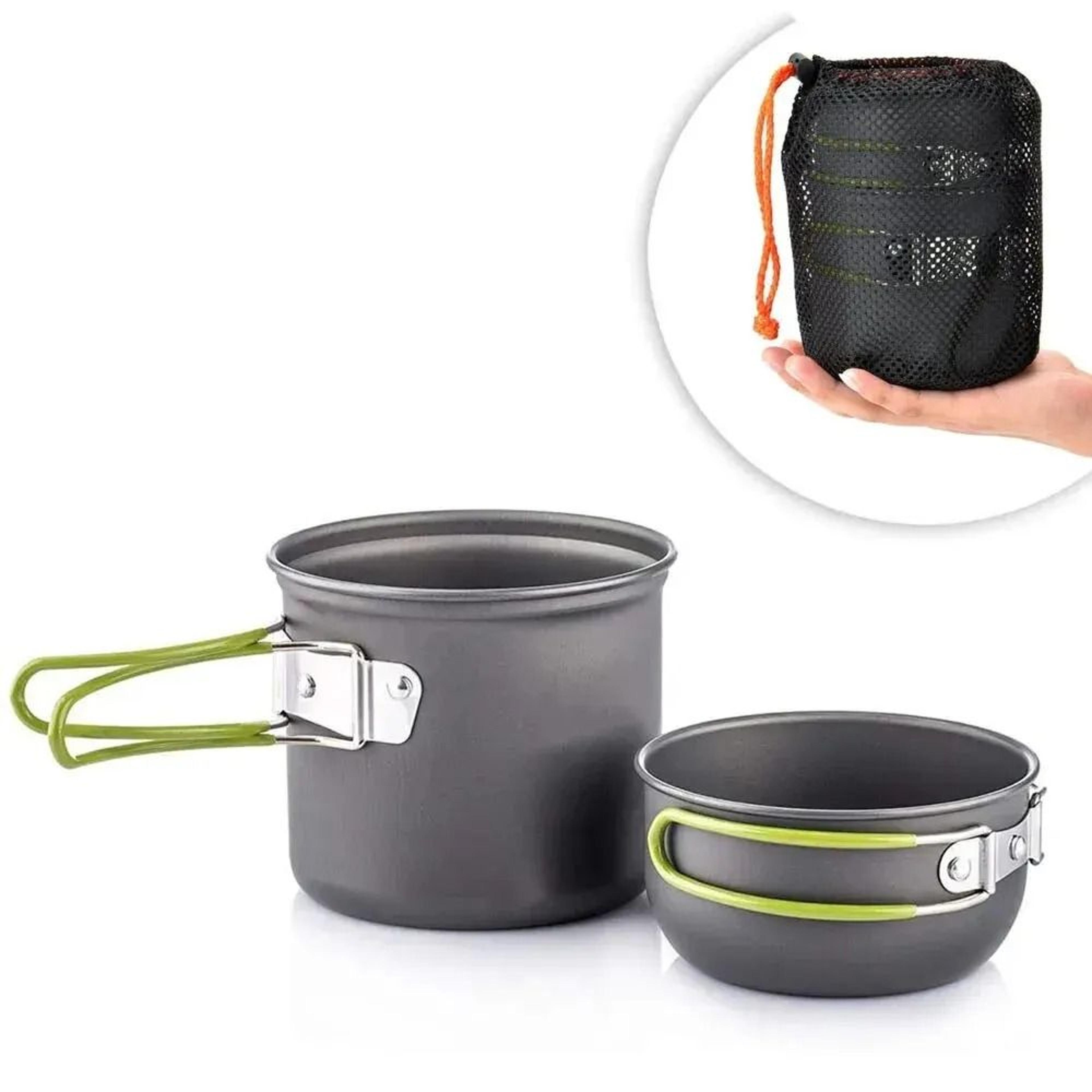ultralight camping cookware mess kit with non-stick pots for outdoor cooking and hiking