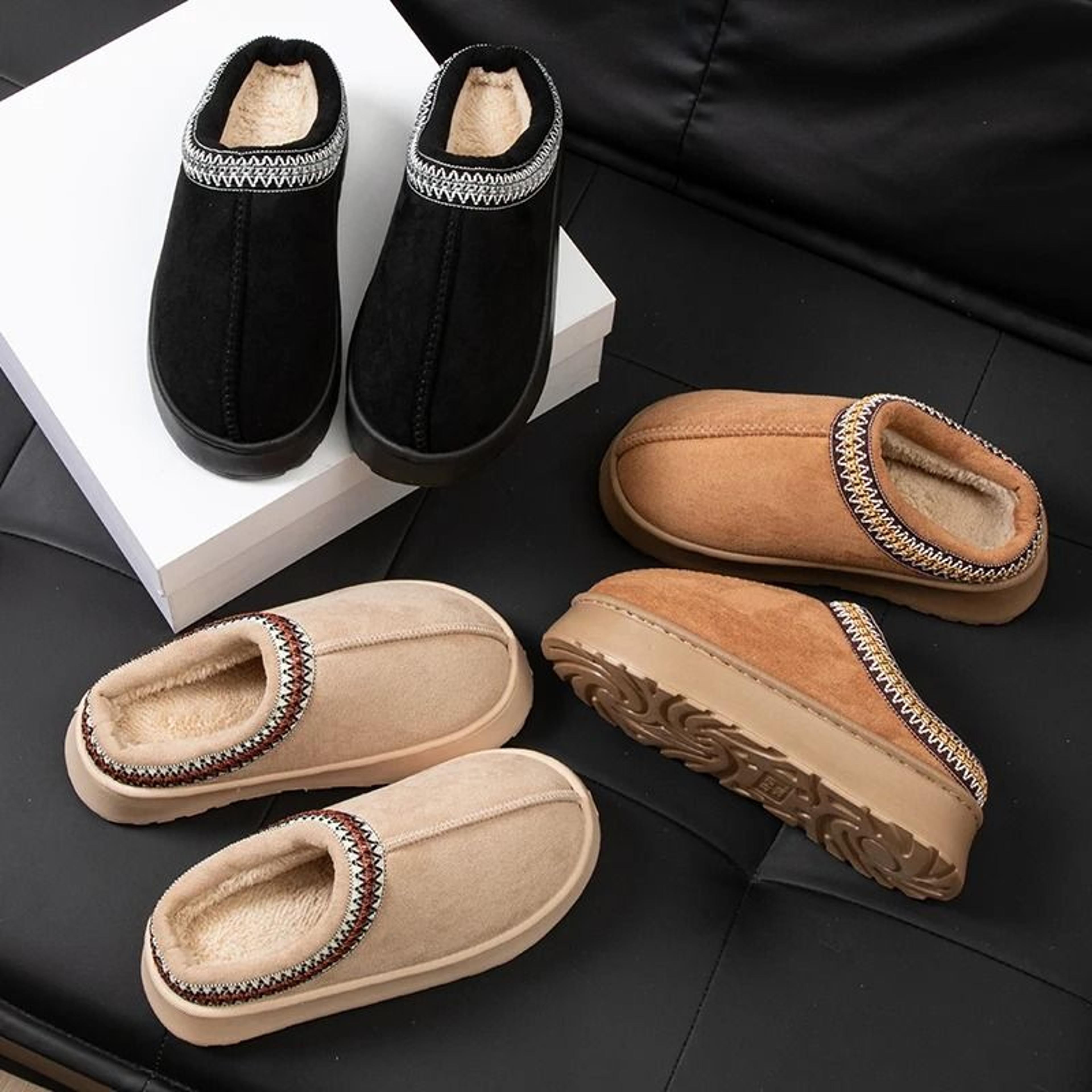 winter plush indoor outdoor slippers with anti slip sole and embroidered design