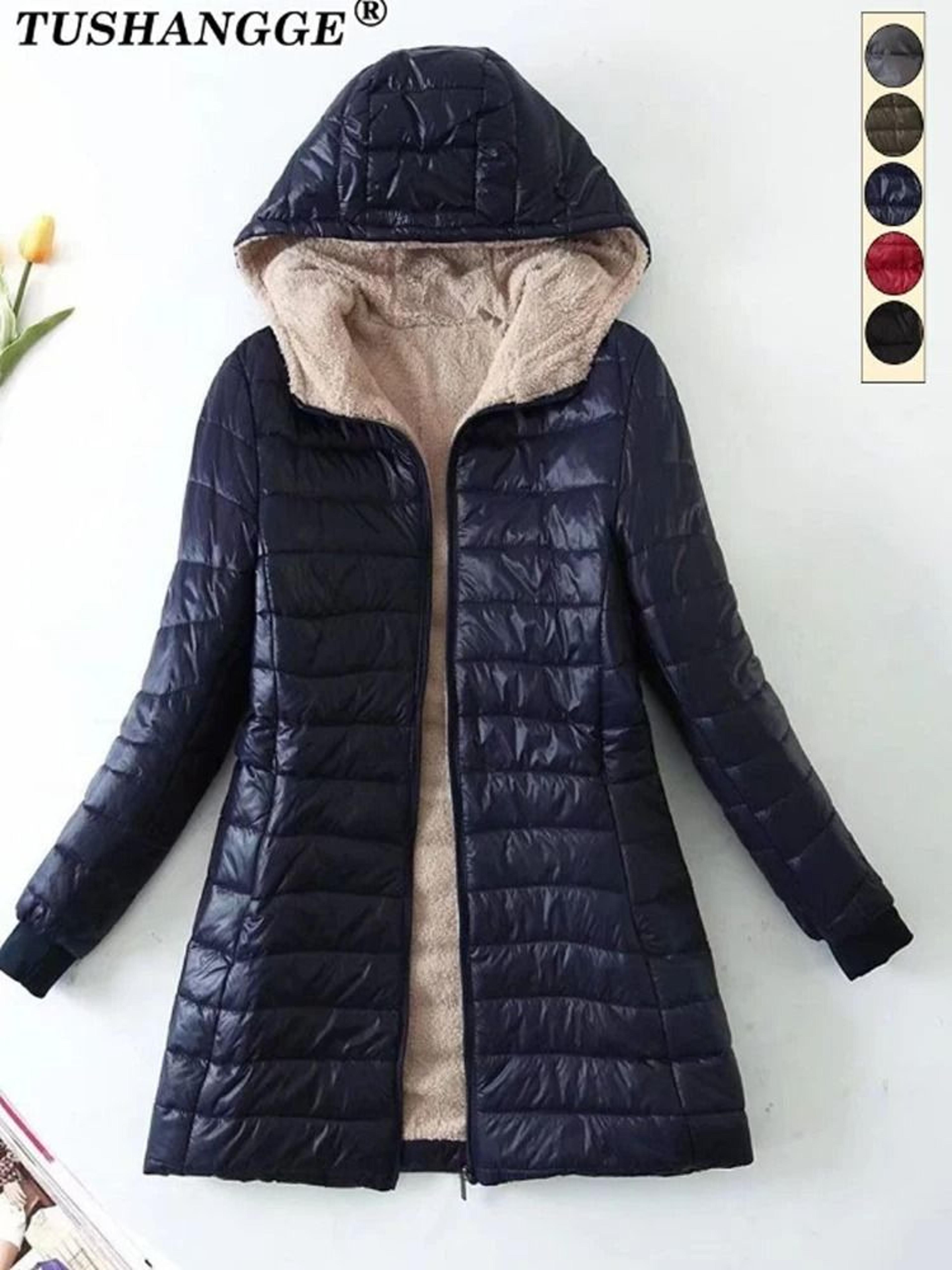 women's mid length hooded winter coat with warm lamb fleece lining