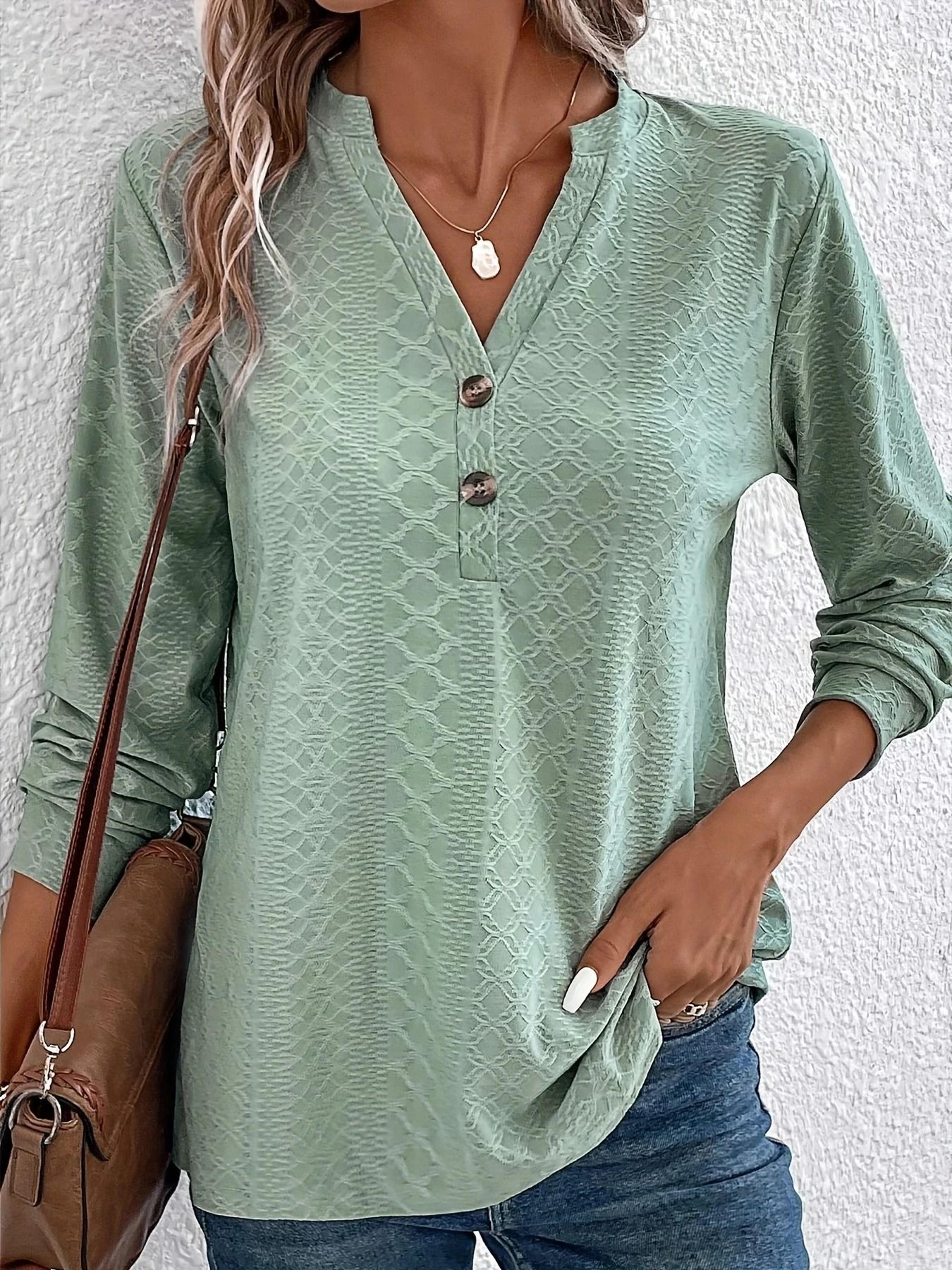 women solid color v neck long sleeve button top