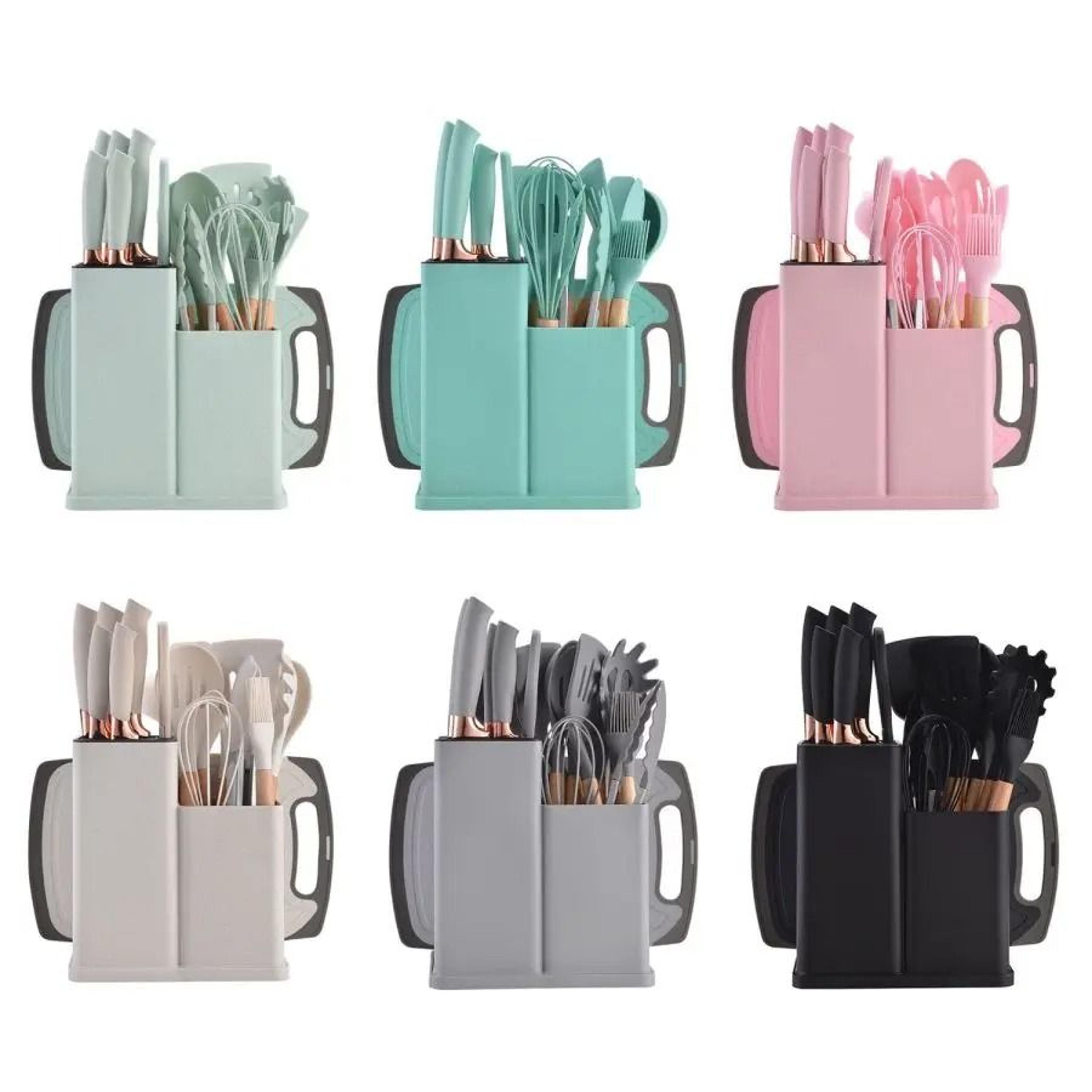 19 piece silicone kitchenware set with knives cutting board and utensils