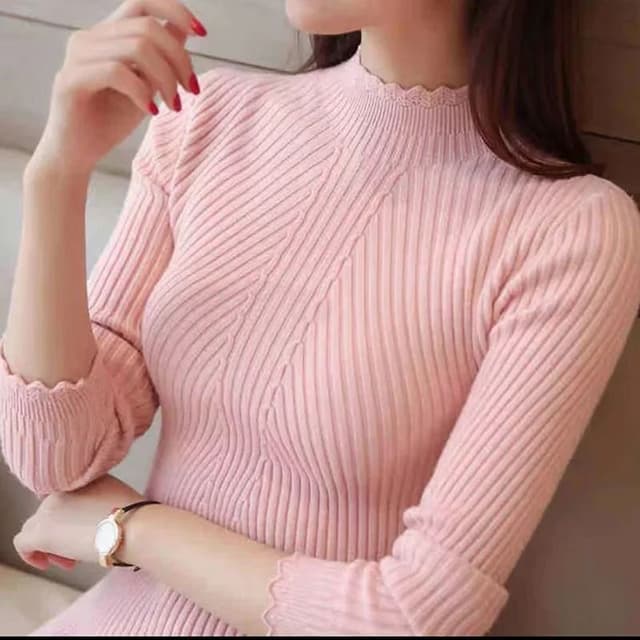 Women Mock Neck Ruffle Sweater Long Sleeve Knitted Pullover 0