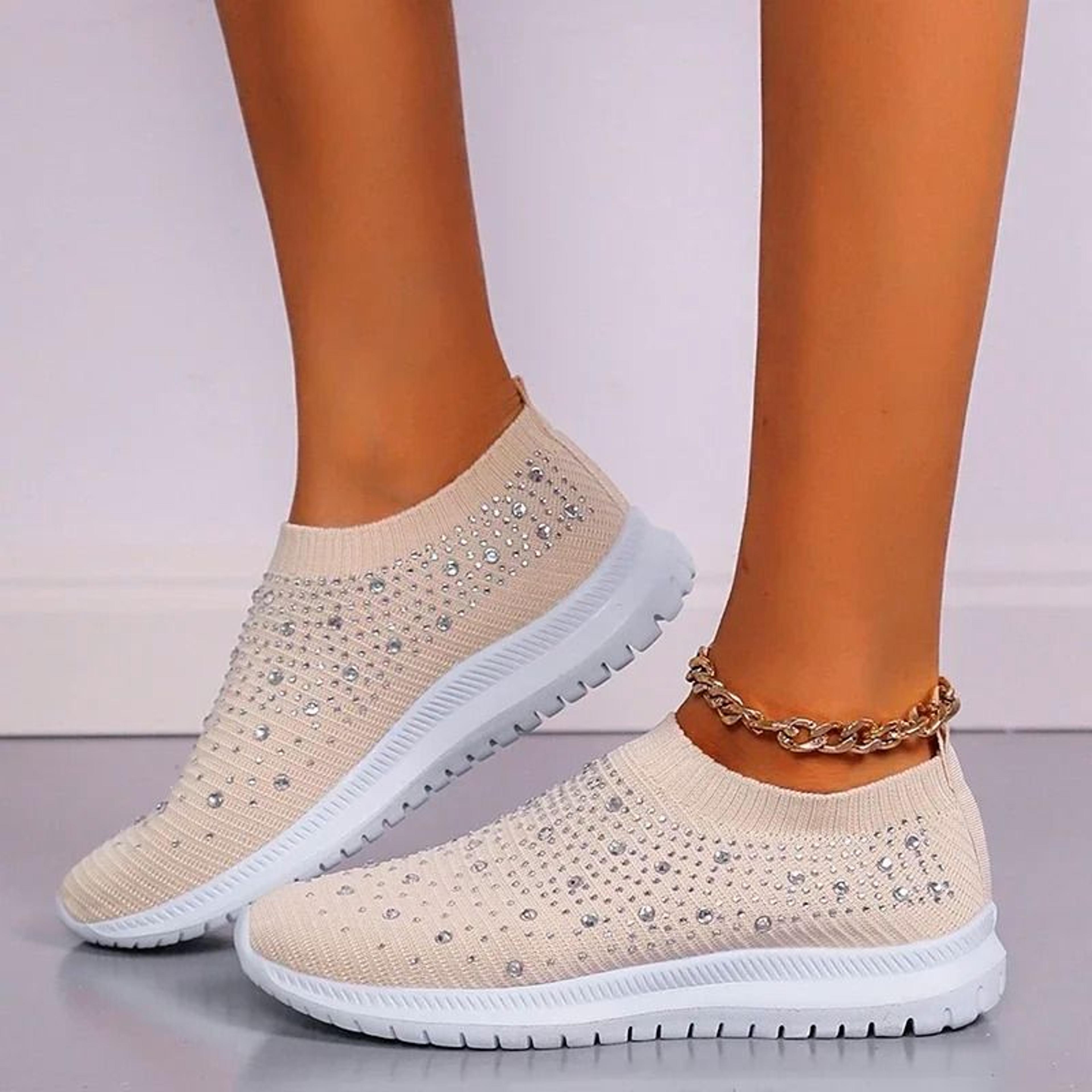 shining crystal flats mesh sneakers for women