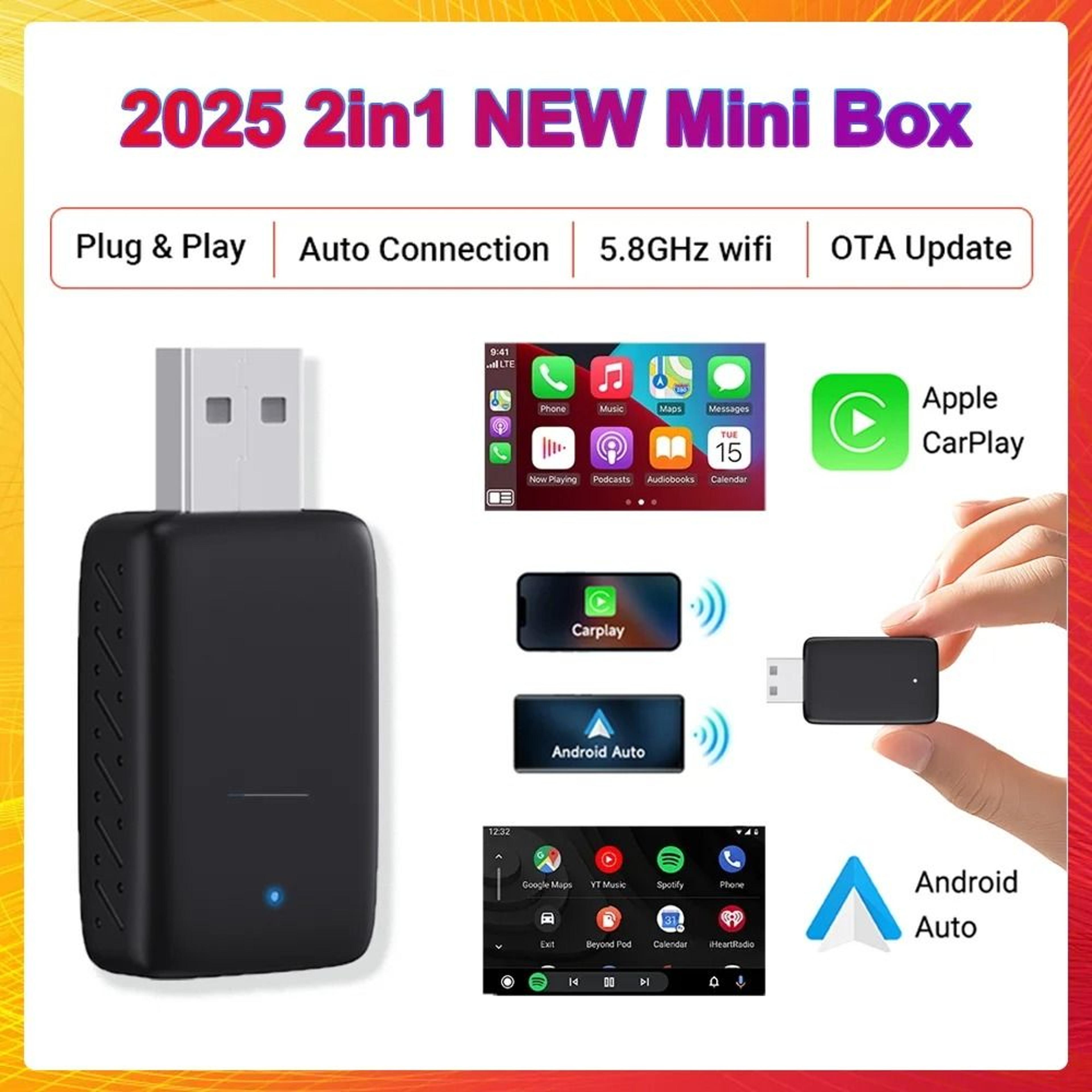 wired to wireless carplay and android auto 2-in-1 mini adapter dongle universal bluetooth wifi plug and play