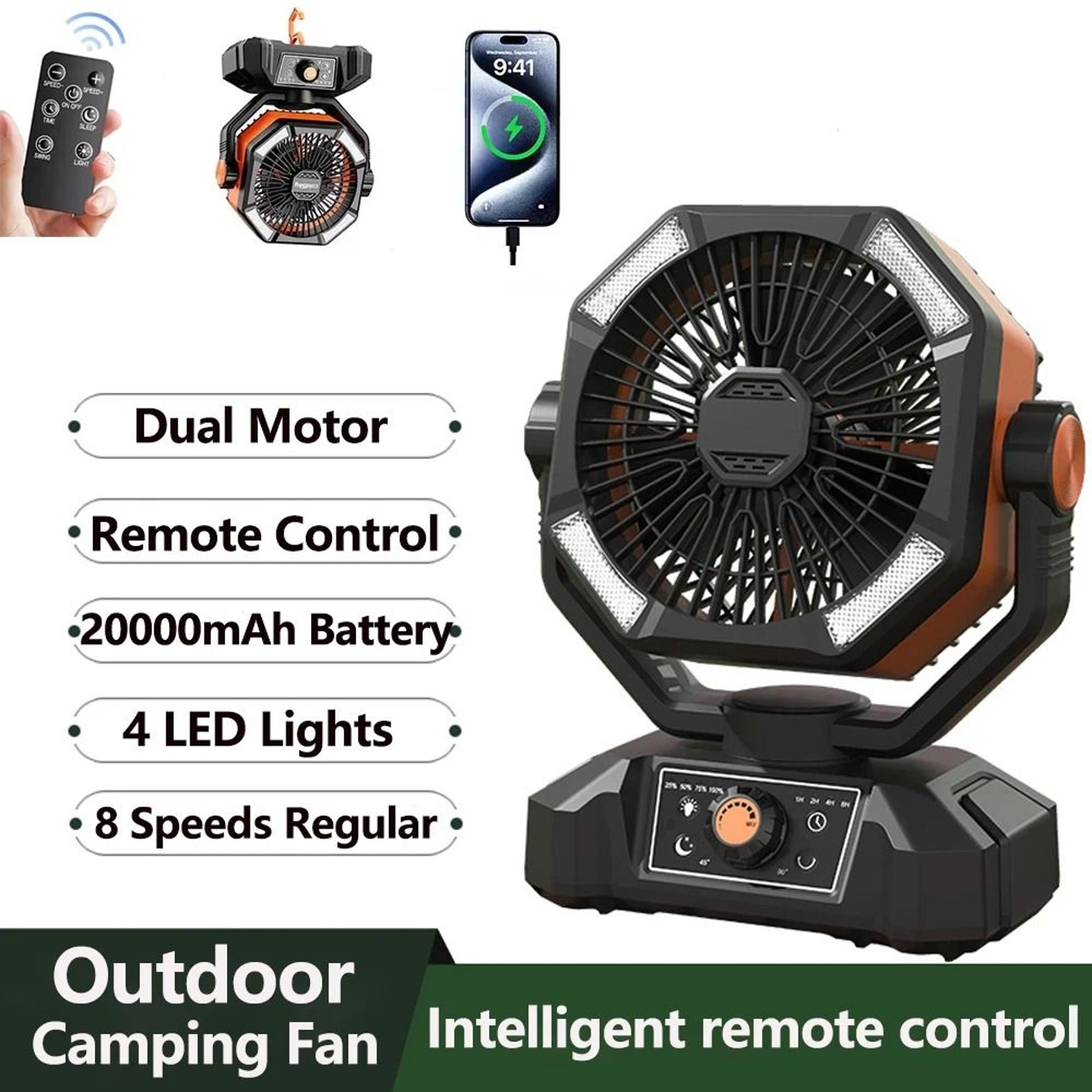 portable camping fan with 20000mah battery 8 speeds and led lantern