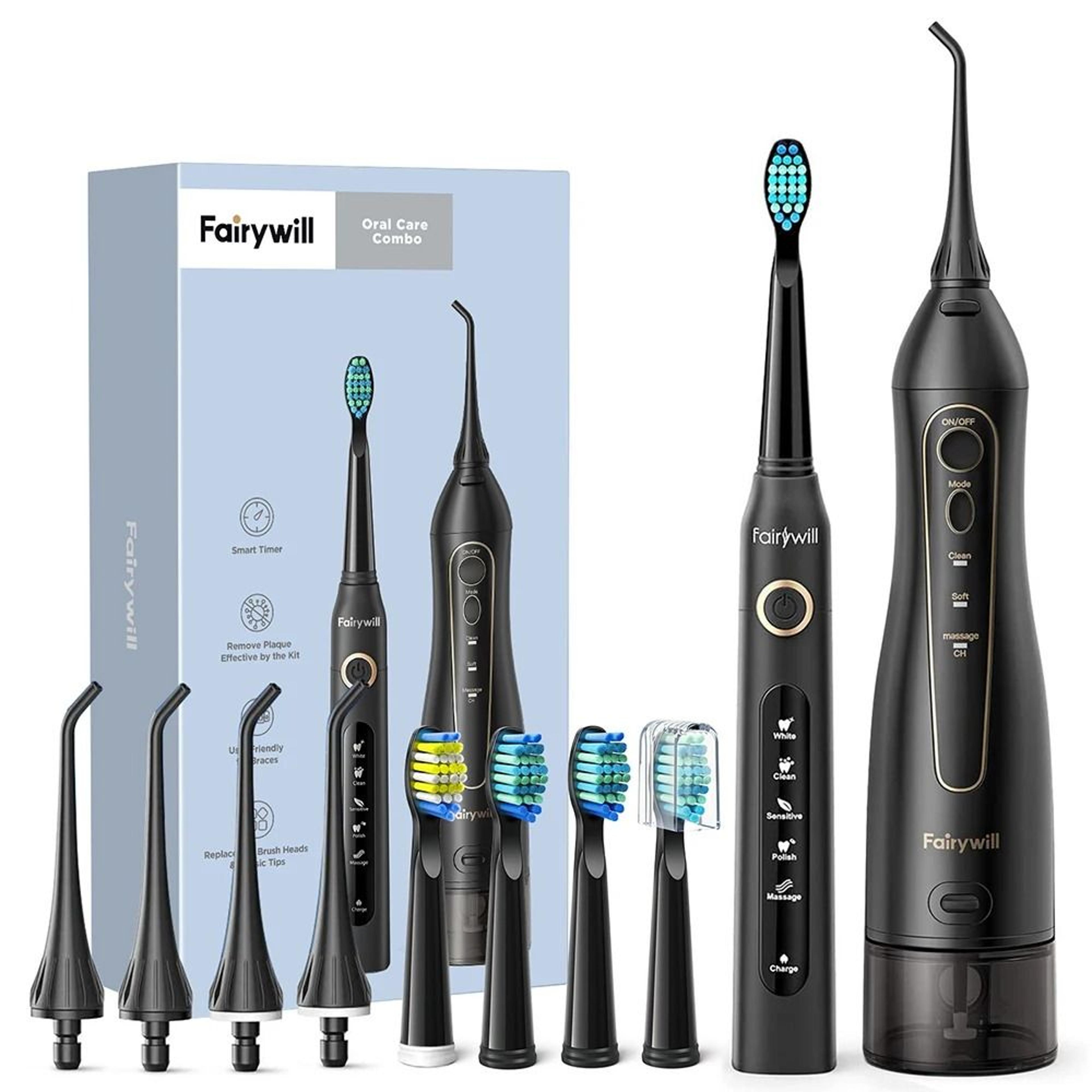 fairywill water dental flosser and electric toothbrush set with usb rechargeable oral irrigator