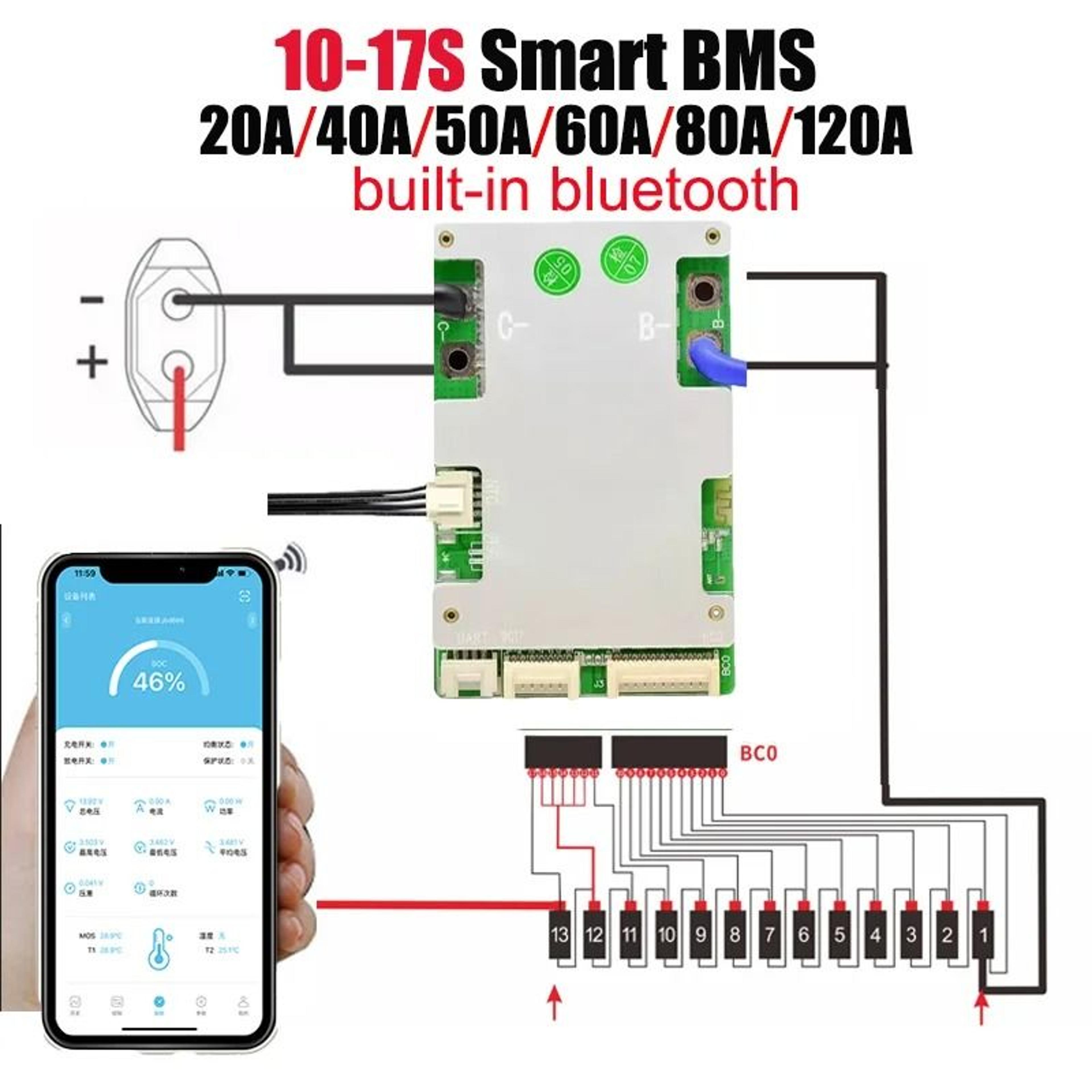 jbd smart bms with built-in bluetooth lithium battery protection board 10s–17s 24v–60v