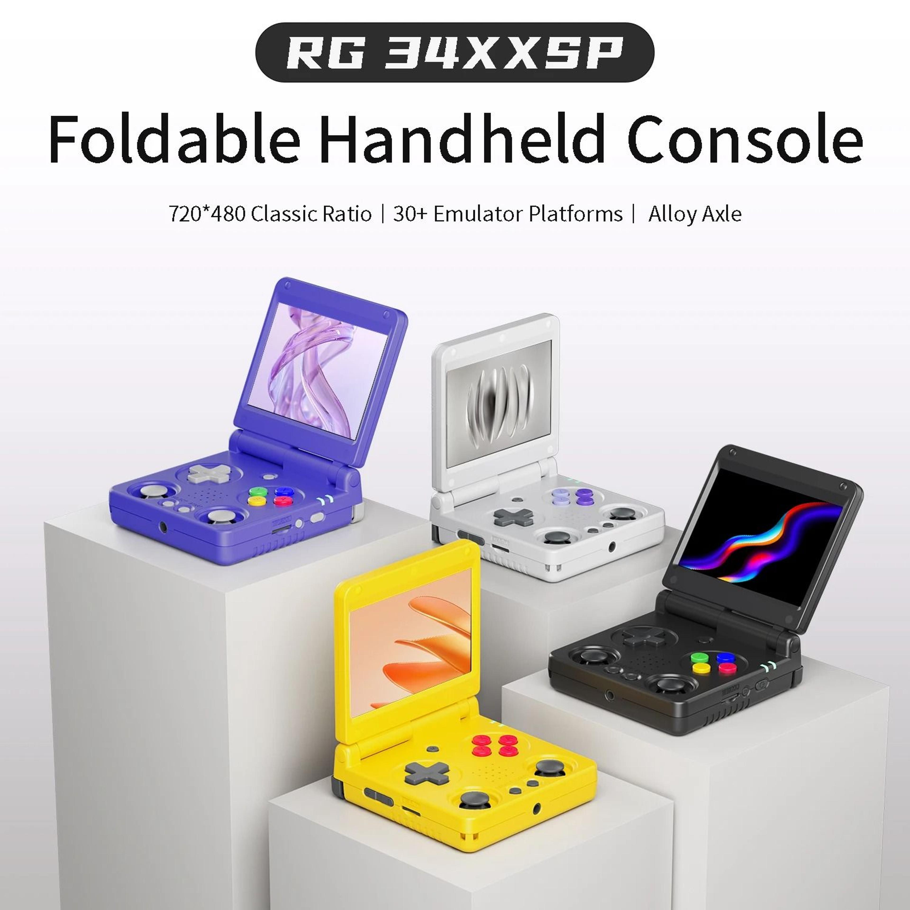 flip handheld game console with 3.4 inch screen and built in games