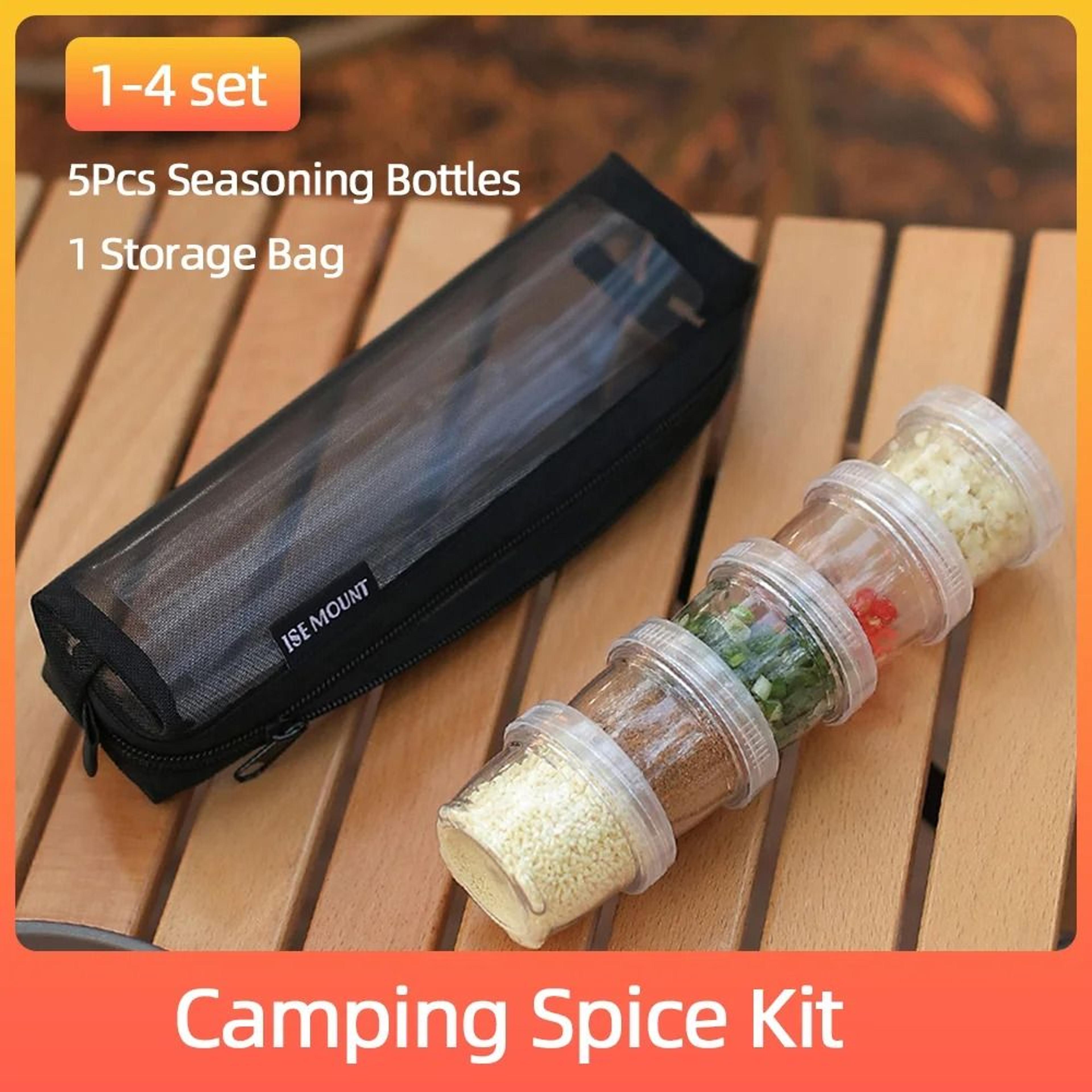 camping spice kit with 5 portable seasoning bottles