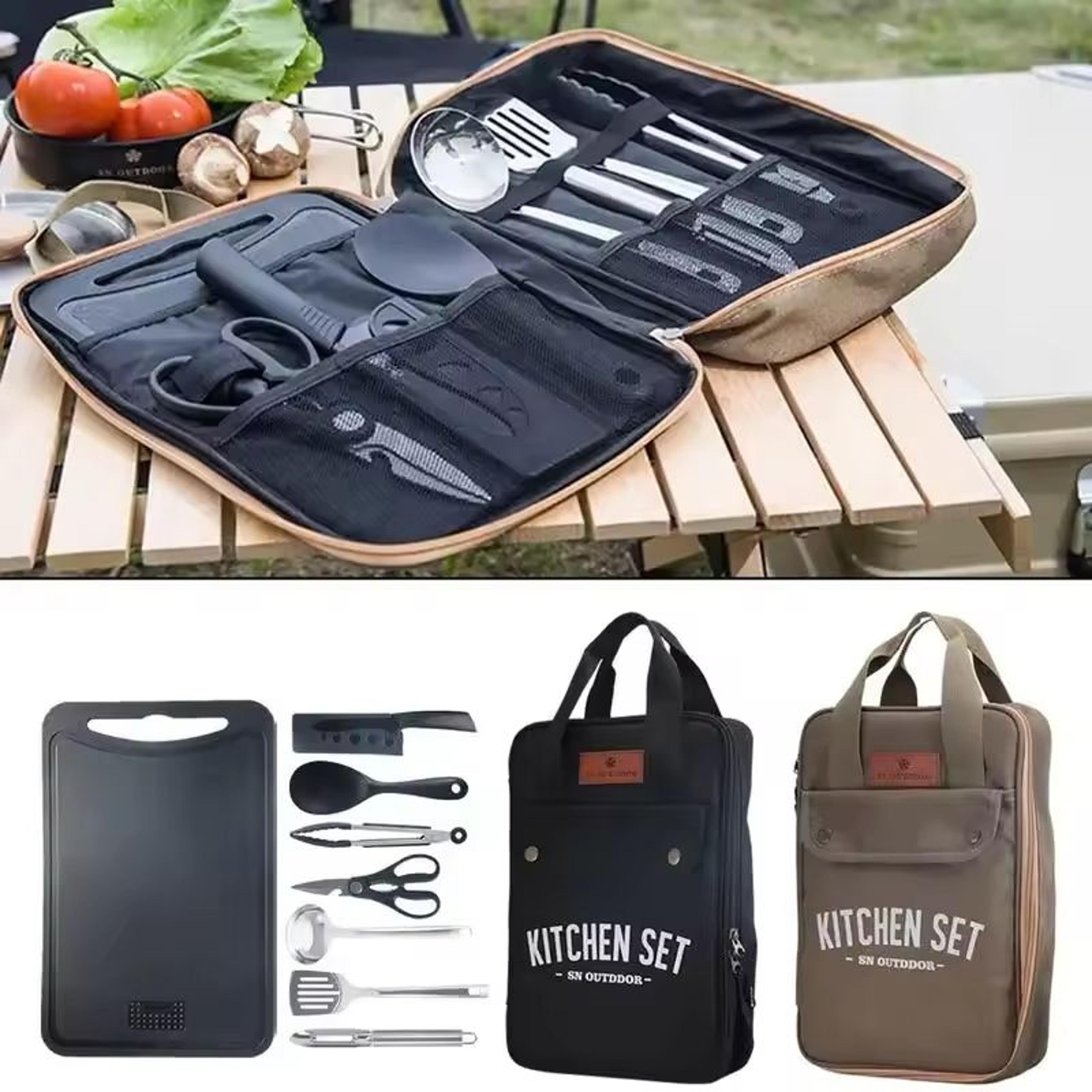 8pcs camping kitchen cookware set portable outdoor travel utensils stainless steel cooking and grilling set for bbq picn