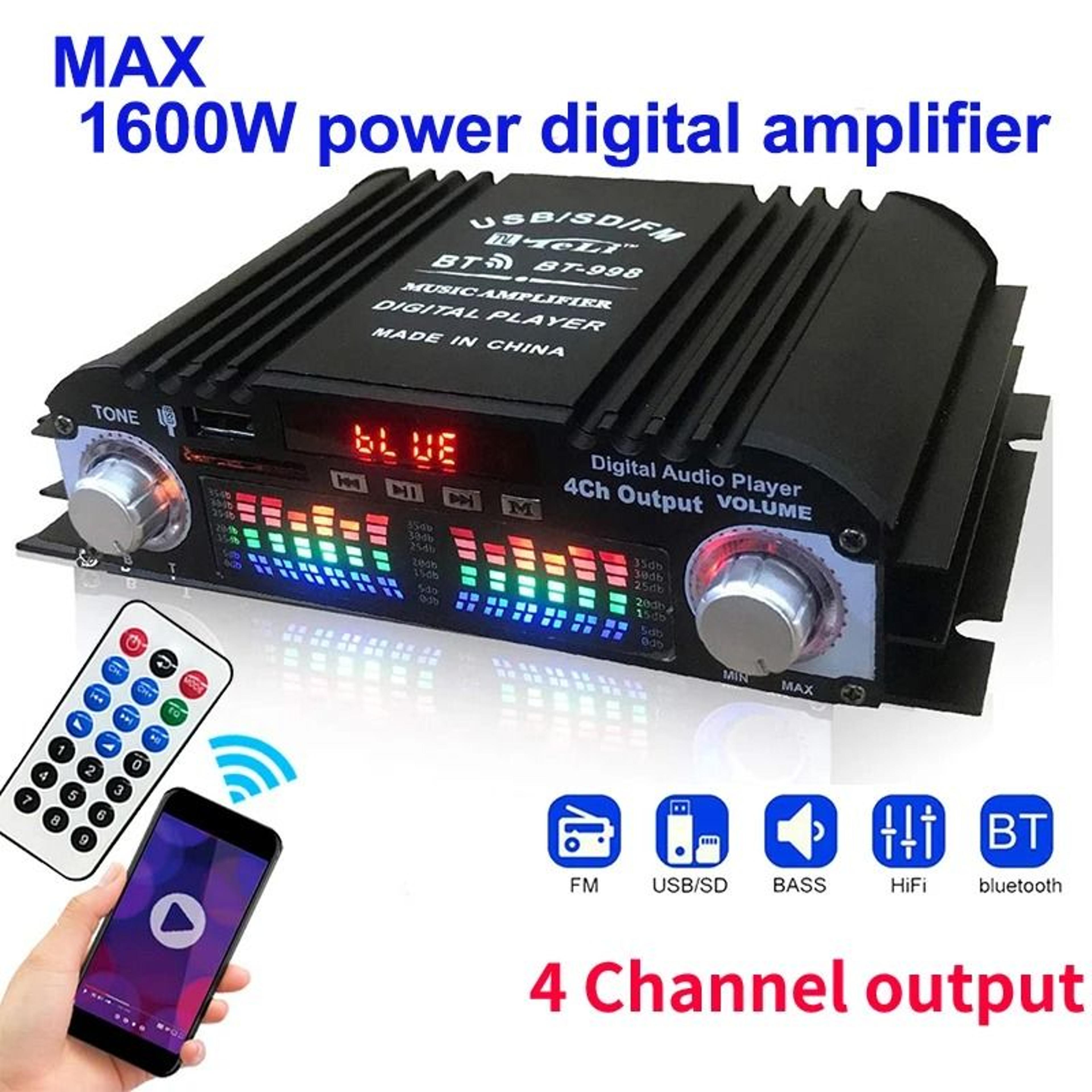 1600w digital 4-channel bluetooth audio amplifier with fm radio and remote control
