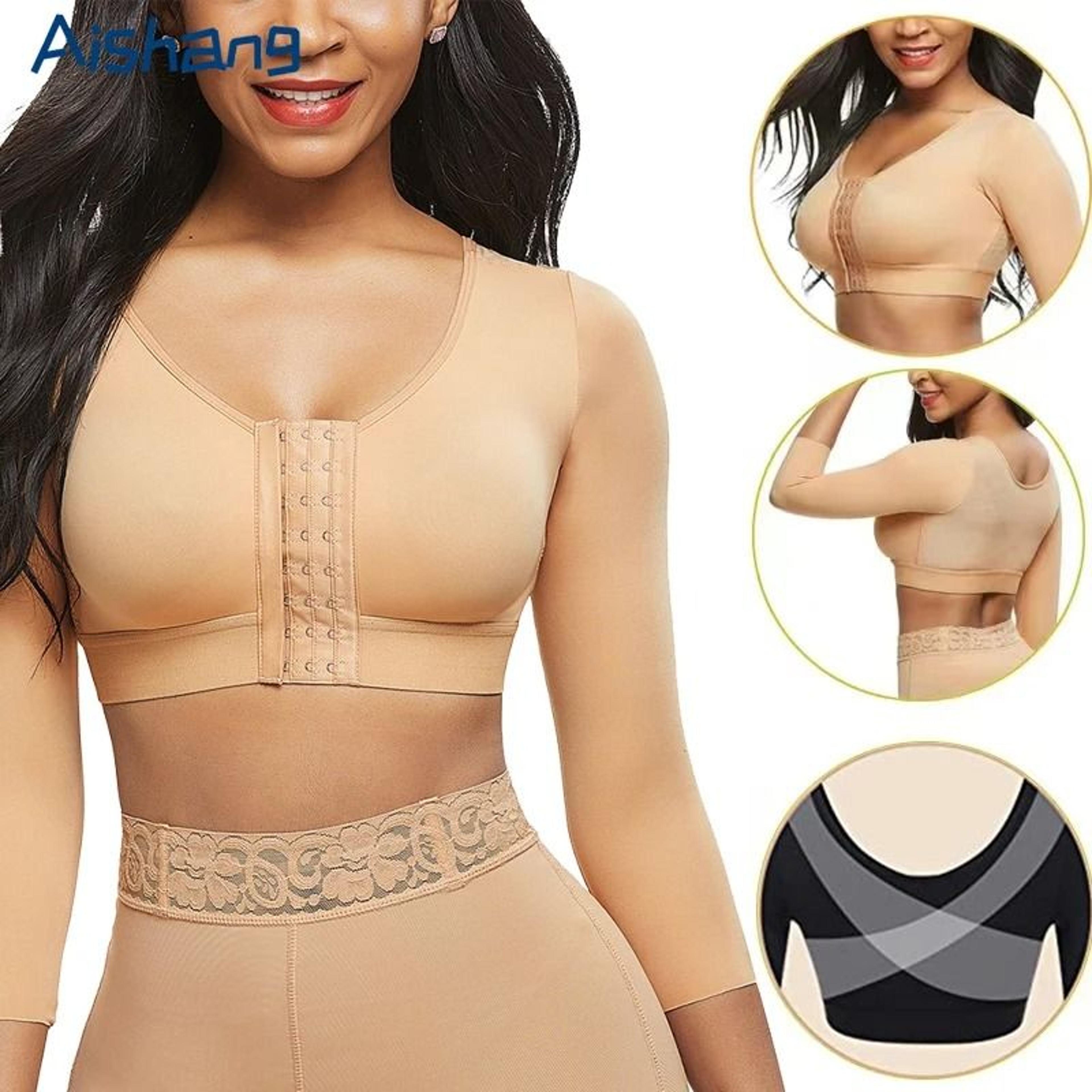 arm shaper with compression sleeves and push up bra front closure post surgery shapewear