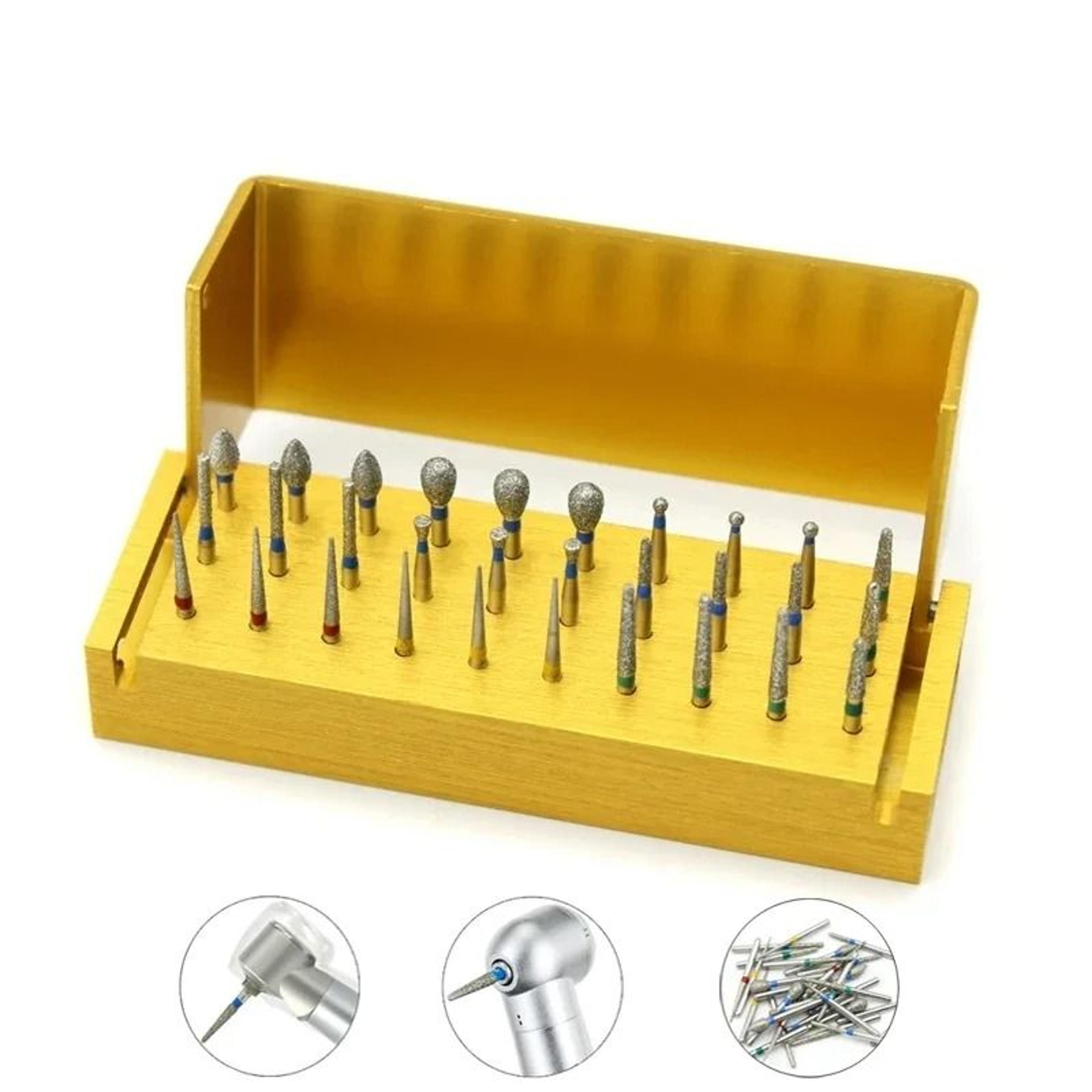 30 piece dental diamond burs kit with aluminum holder for high speed handpiece