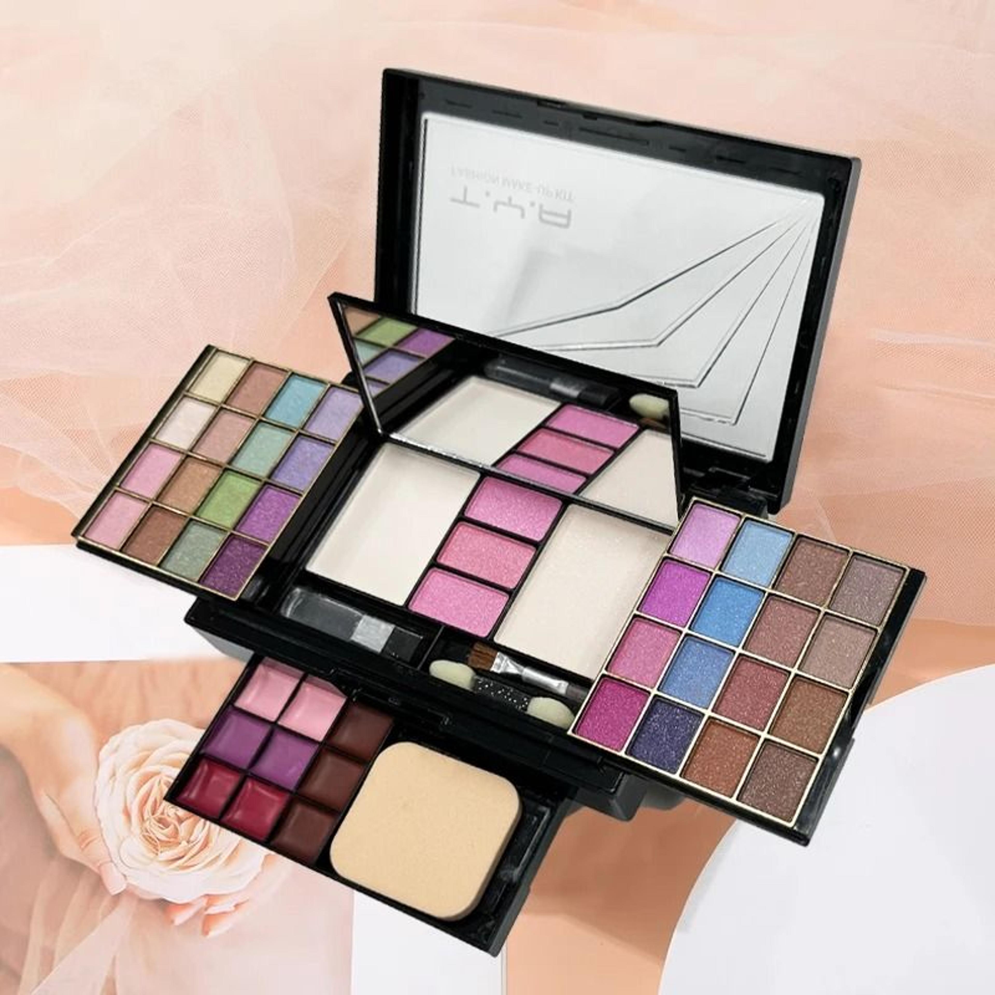 46 color makeup palette with eyeshadow blush powder puff and lip gloss set