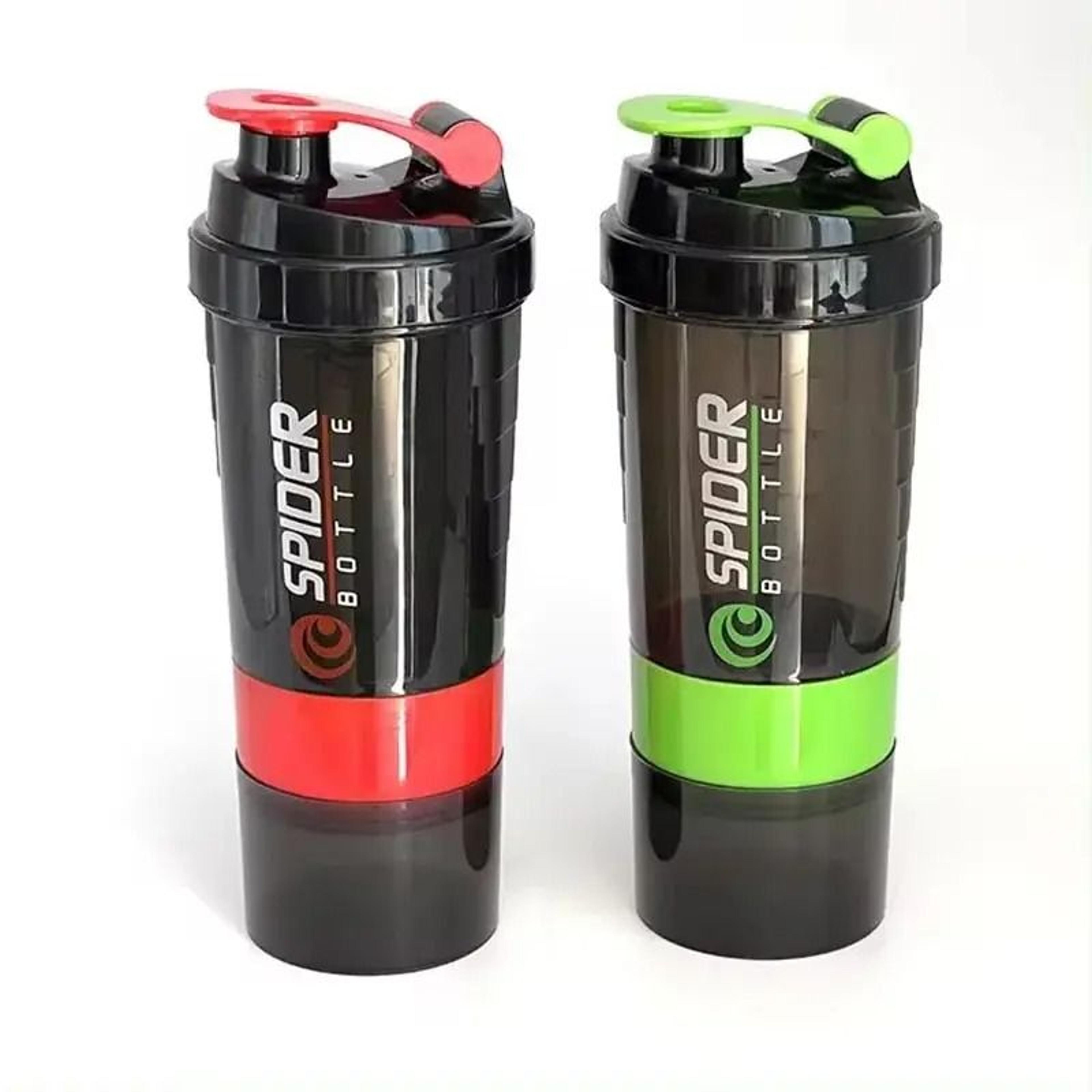 3-layer protein shaker bottle with mixing net and storage compartments