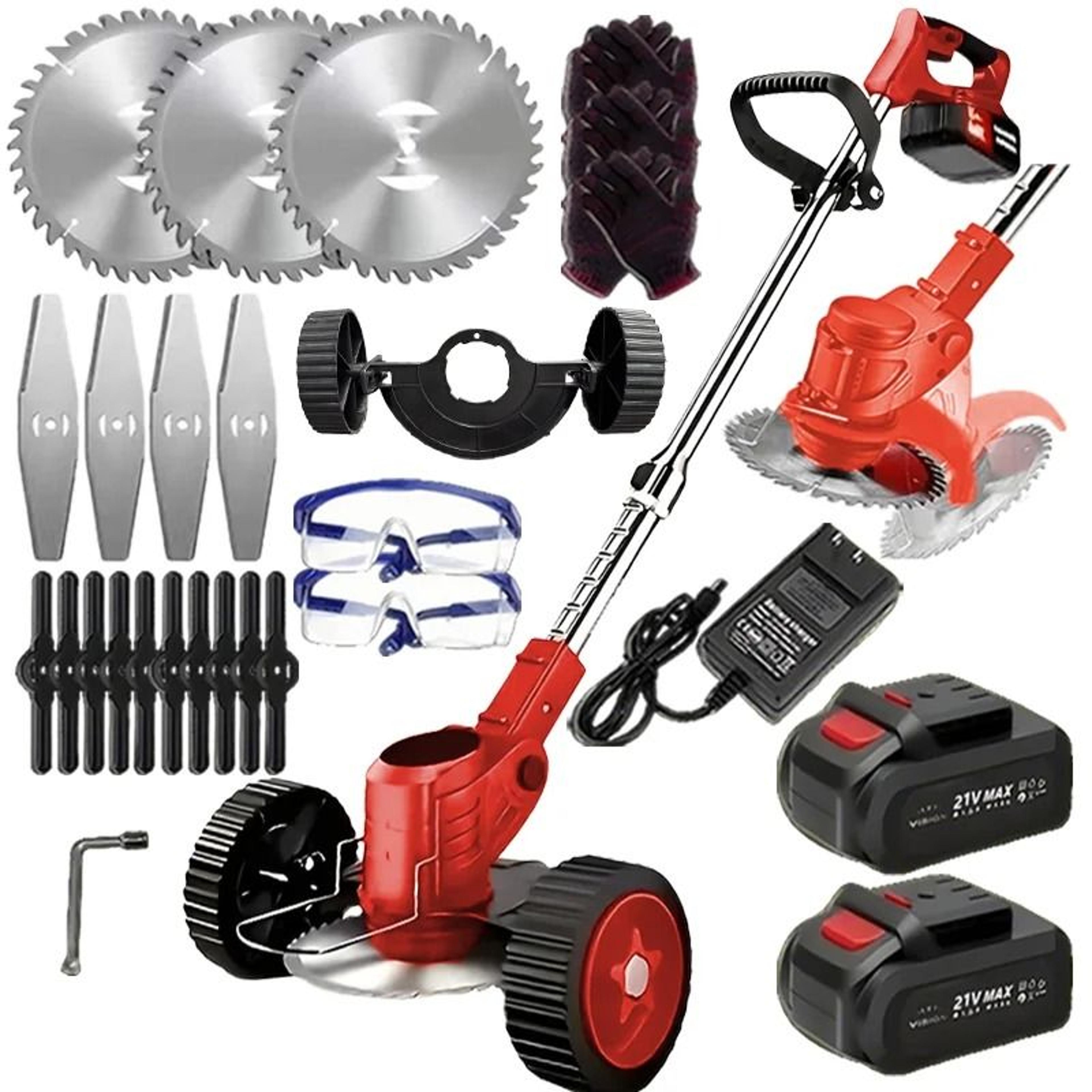 cordless grass trimmer and weed wacker with 2 li ion batteries and 3 blade types