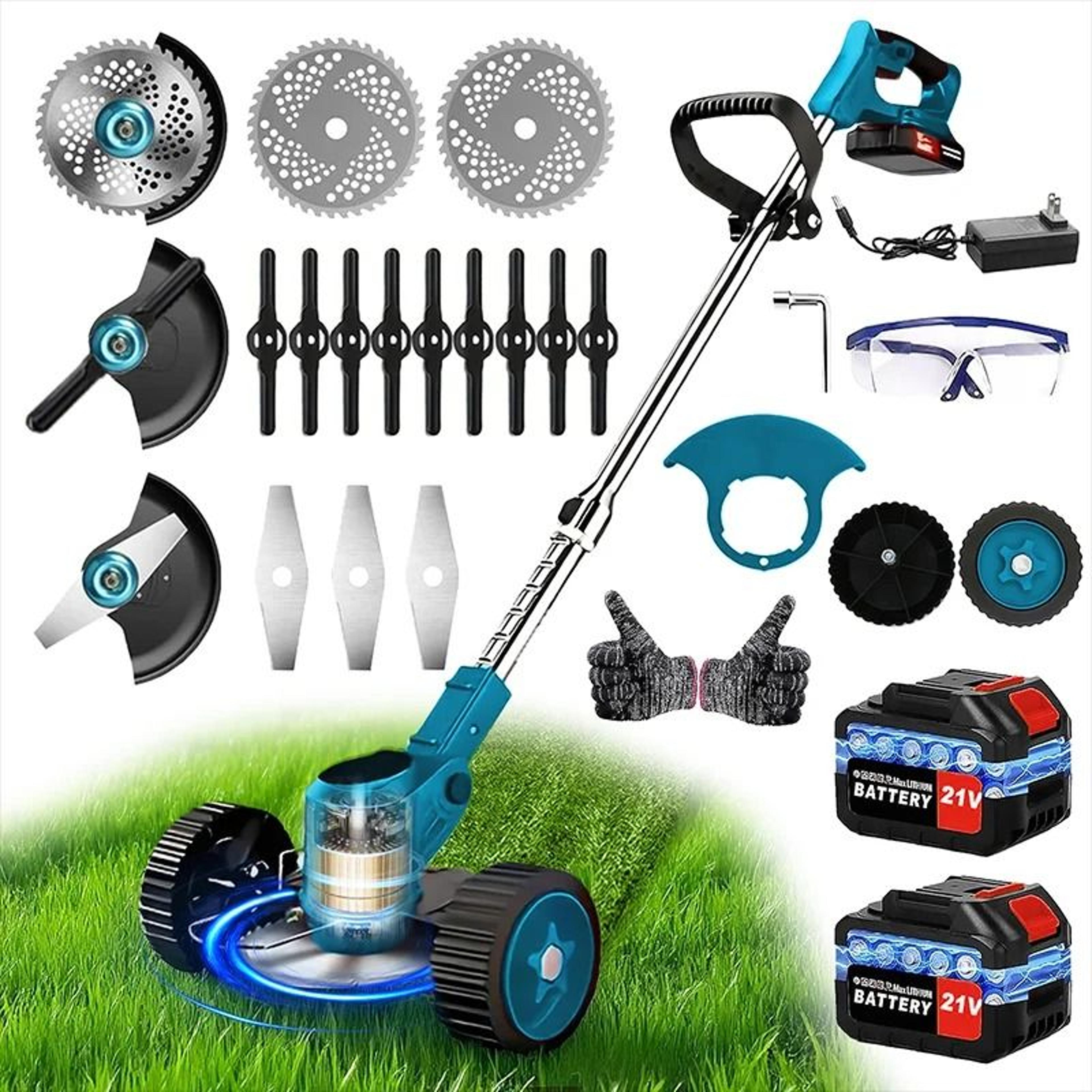 cordless lawn mower and weed trimmer for garden and courtyard maintenance