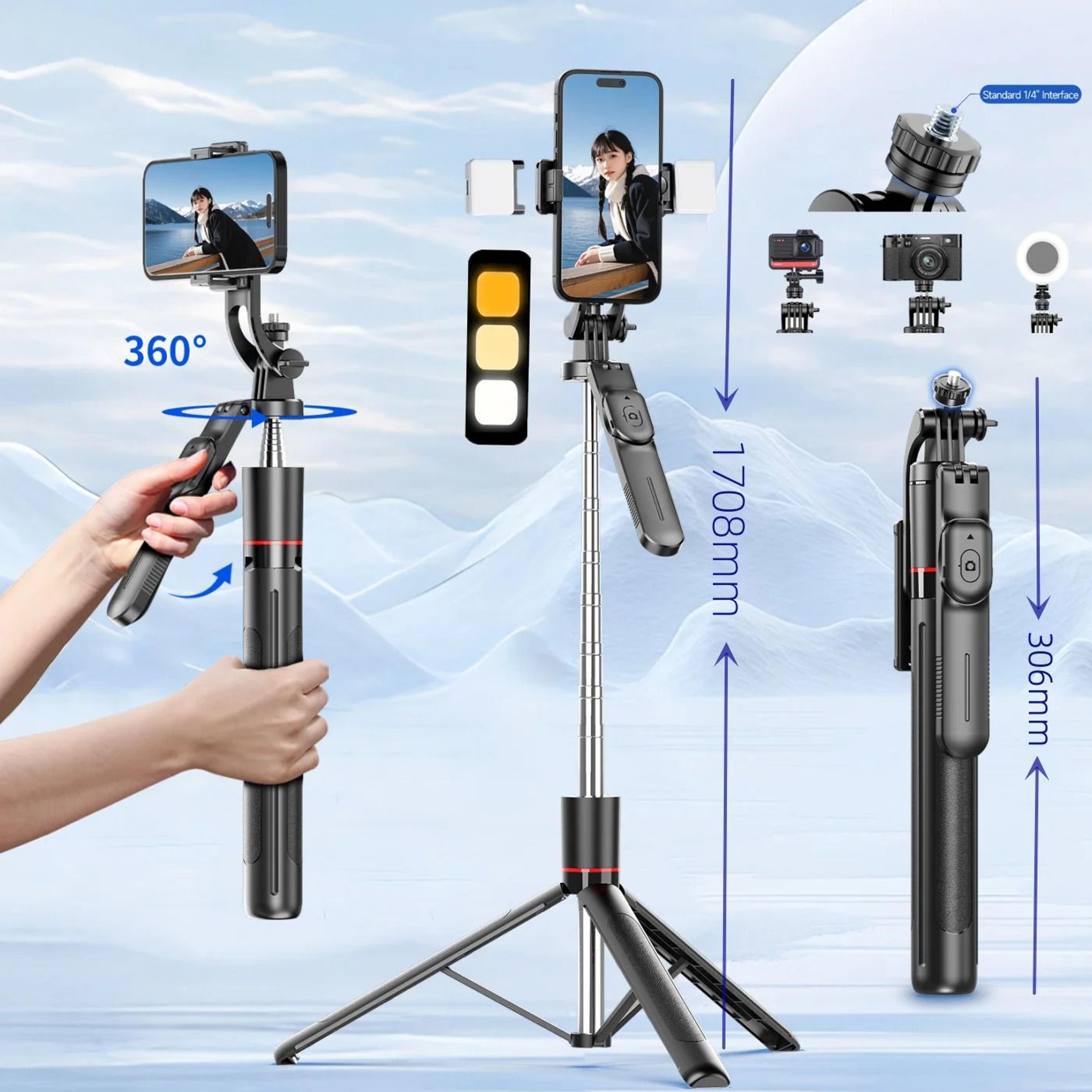 selfie stick tripod with bluetooth remote, fill light, and 360 rotation for smartphones