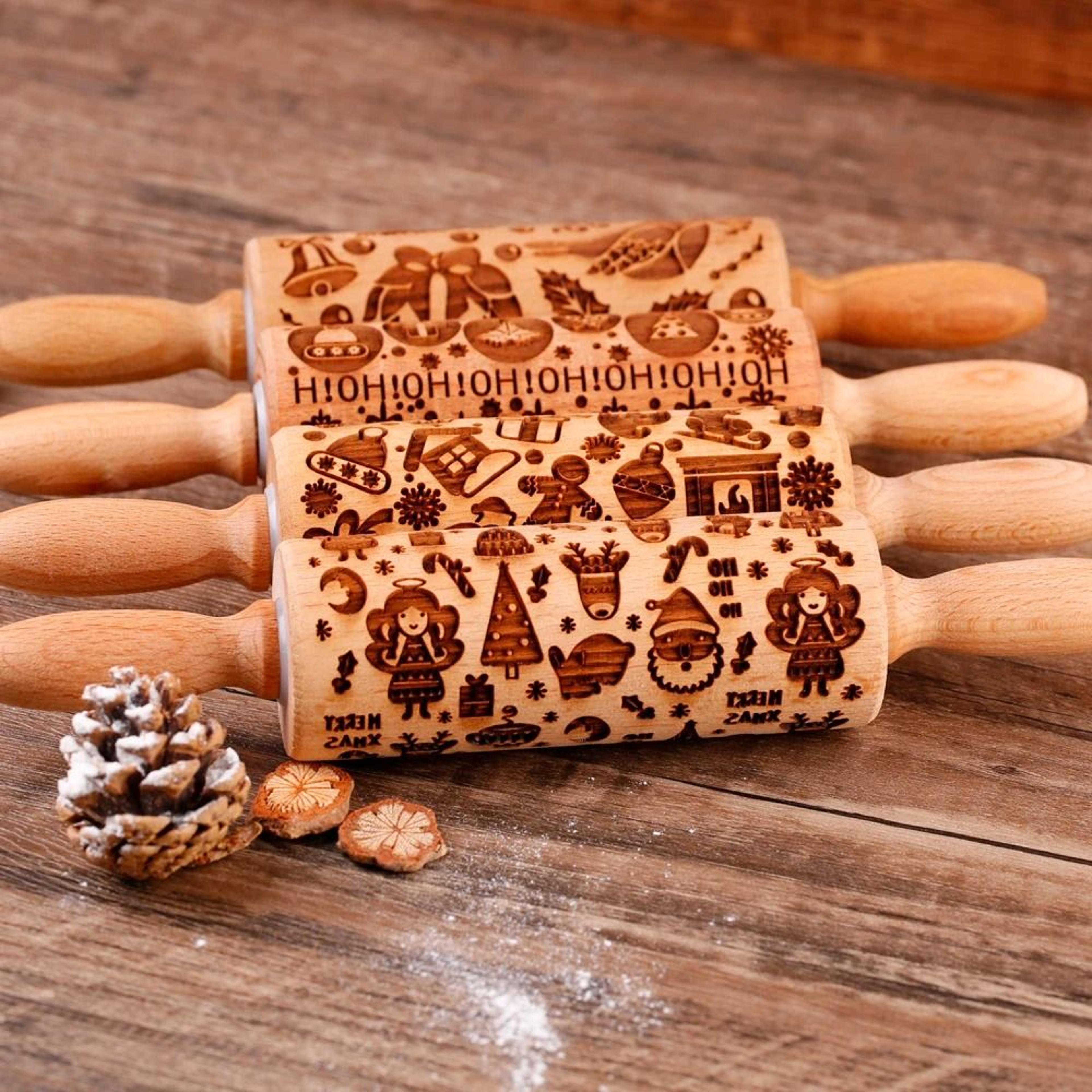 10-inch wooden embossed rolling pin with coffee, lemon flower elk pattern for cookie and pastry baking