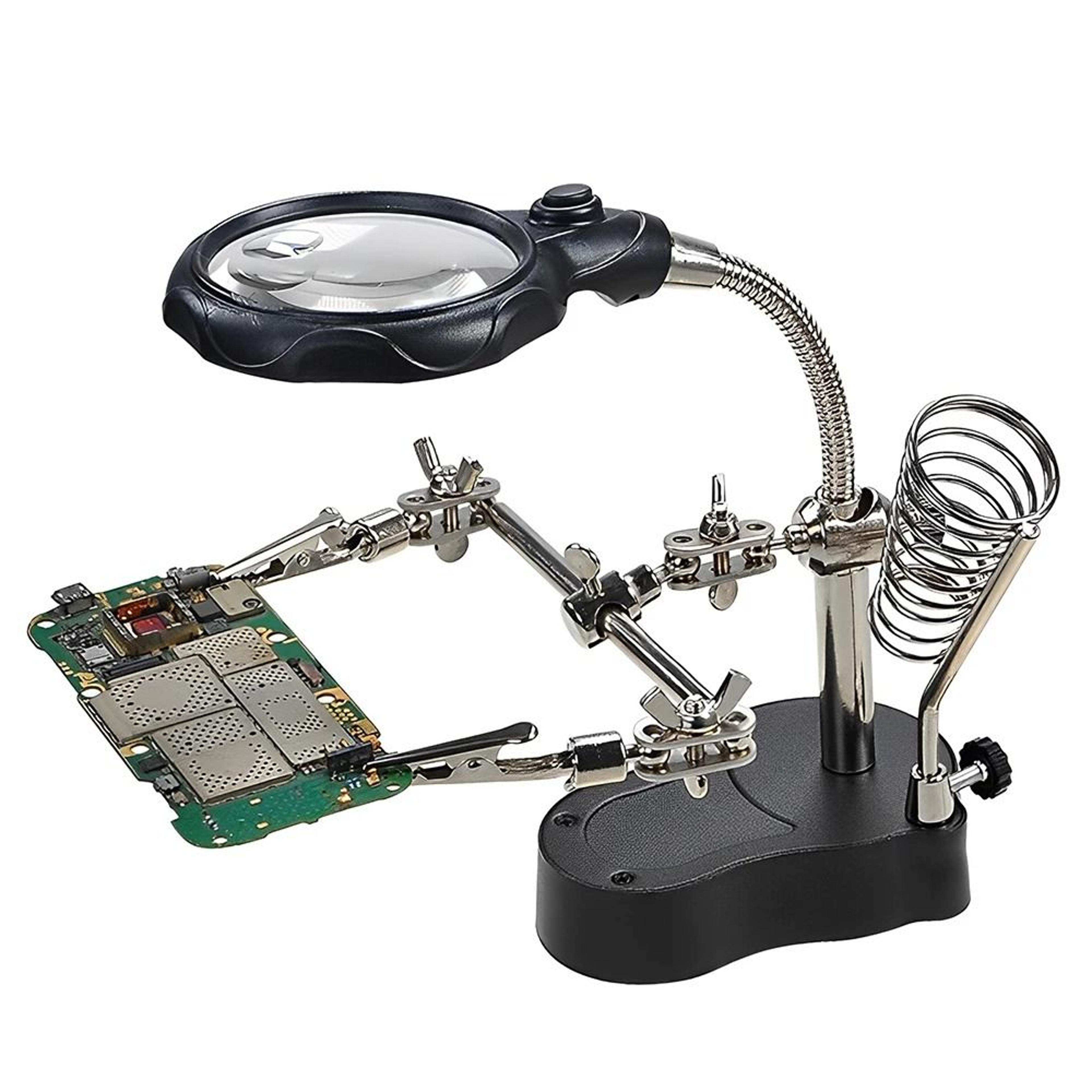 welding magnifier clip tool with 3.5x to 12x auxiliary lenses for soldering and circuit work